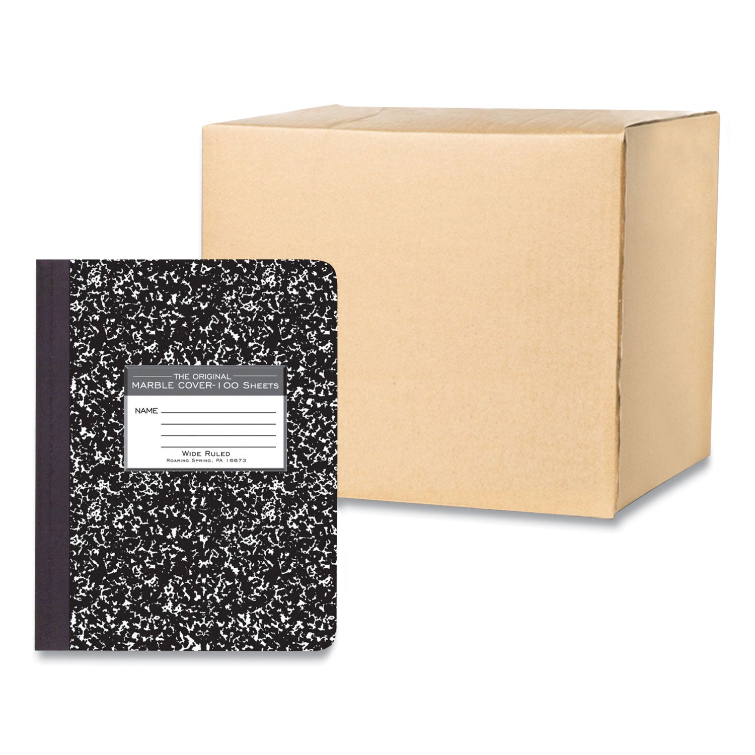 Roaring Spring Marble Comp Book, 100 Sheets, 200 Pages, Wide Ruled, 7.5" x 9.75", Black Marble Hard Cover, Sewn/Tapebound, 1 Carton