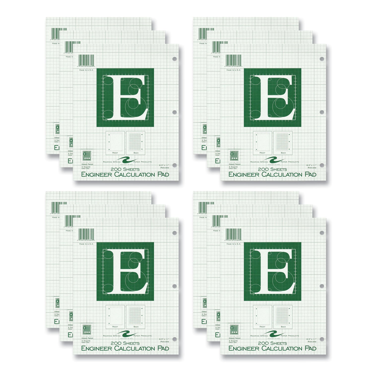 Roaring Spring 5x5 Grid Engineering Pad, 11" x 8.5", Green, 200 Sheets, 400 Pages, 3-Hole Punched, Glued Top, Chipboard Cover, 24 Pads per Carton