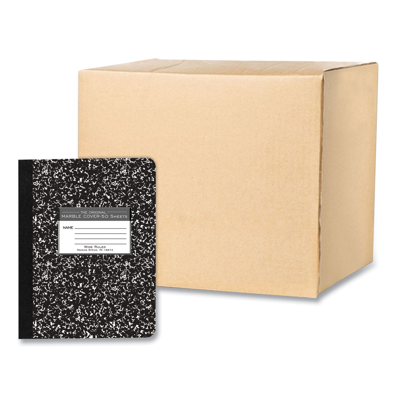 Roaring Spring Marble Comp Book, 50 Sheets, 100 Pages, Wide Ruled, 9 3/4" x 7 1/2", Black Marble Hardboard Cover, 48 per Carton