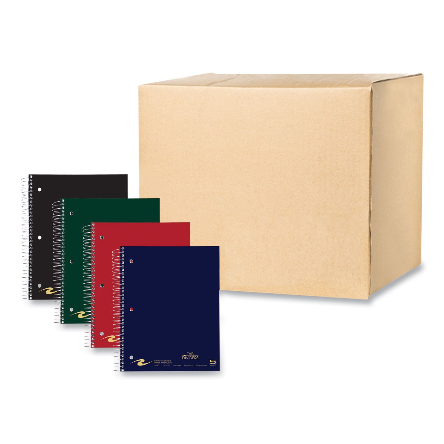 Roaring Spring Premium College Ruled Five Subject Spiral Notebook, 200 Sheets, 400 Pages, 11" x 8.5", Spiral Bound, 3-Hole Punched, Assorted Covers, 1 Carton