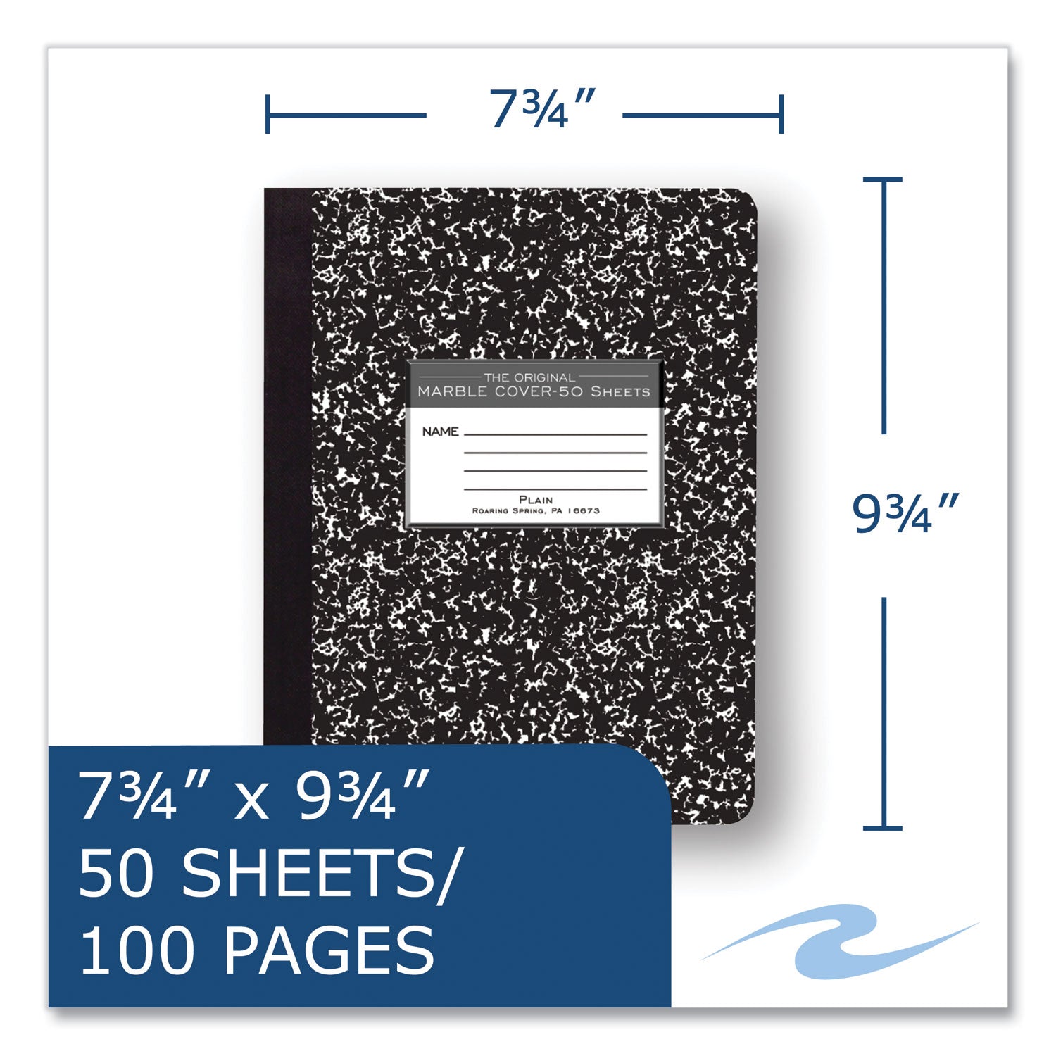Hardcover Marble Composition Book, Unruled, Black Marble Cover, (50) 9.75 x 7.5 Sheets, 48/Carton