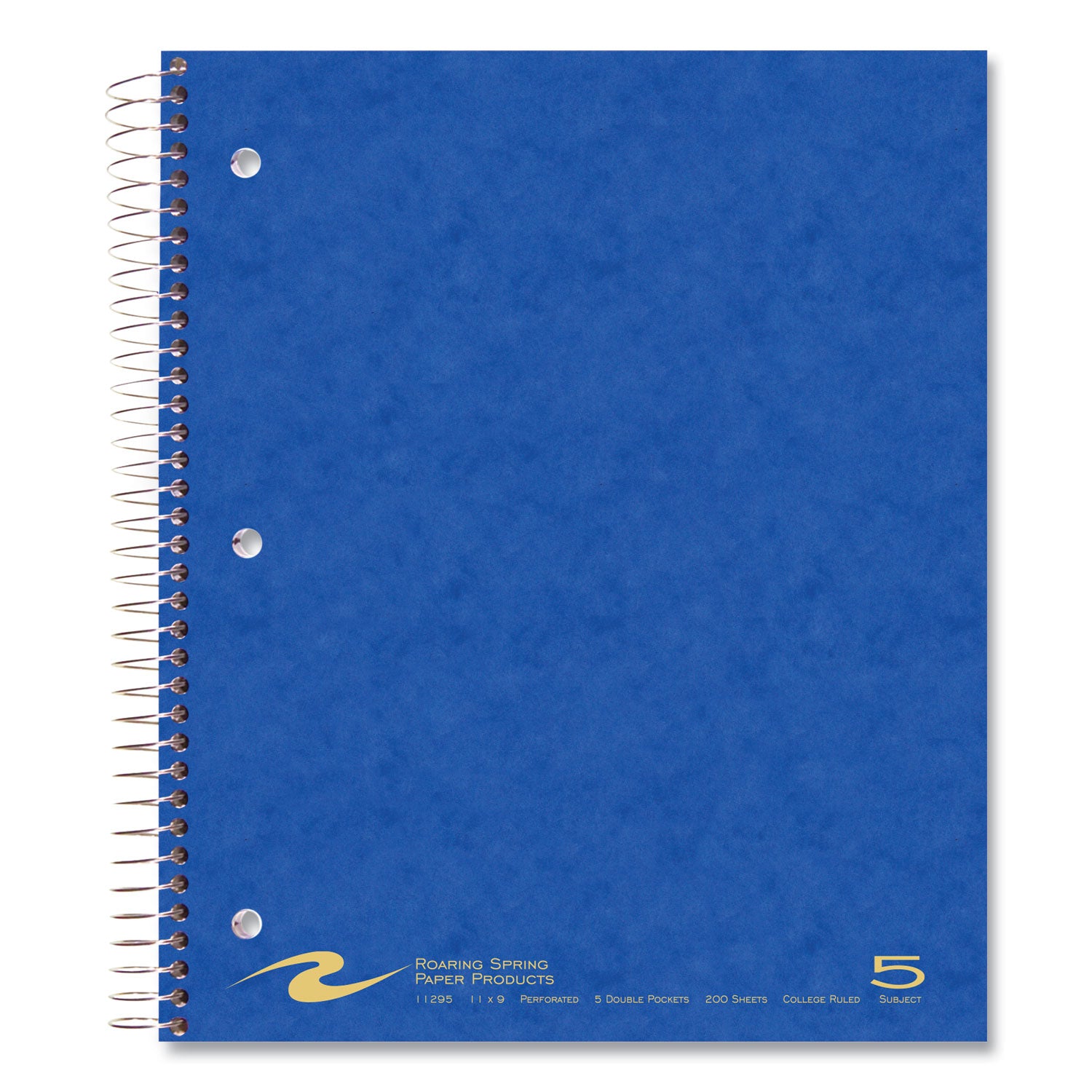 Roaring Spring Premium College Ruled Five Subject Spiral Notebook, 200 Sheets, 400 Pages, 11" x 9", Spiral Bound, 3-Hole Punched, Assorted Pressboard Covers, 1 Carton