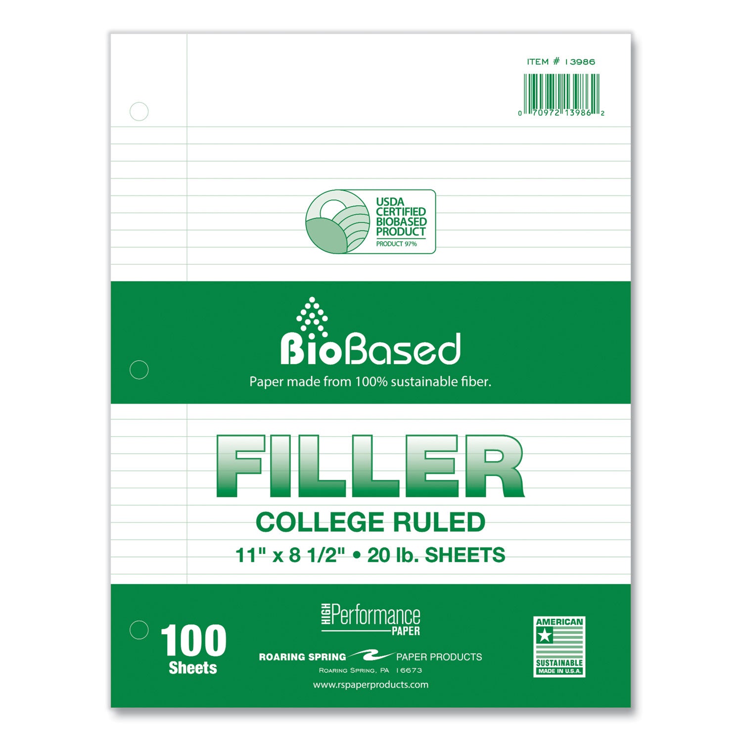 Roaring Spring BioBased Filler Paper, 100 Sheets, 200 Pages, College Ruled, 3-Hole Punched, 20 lb, 11" x 8.5", White, Red Margin, 48 Carton