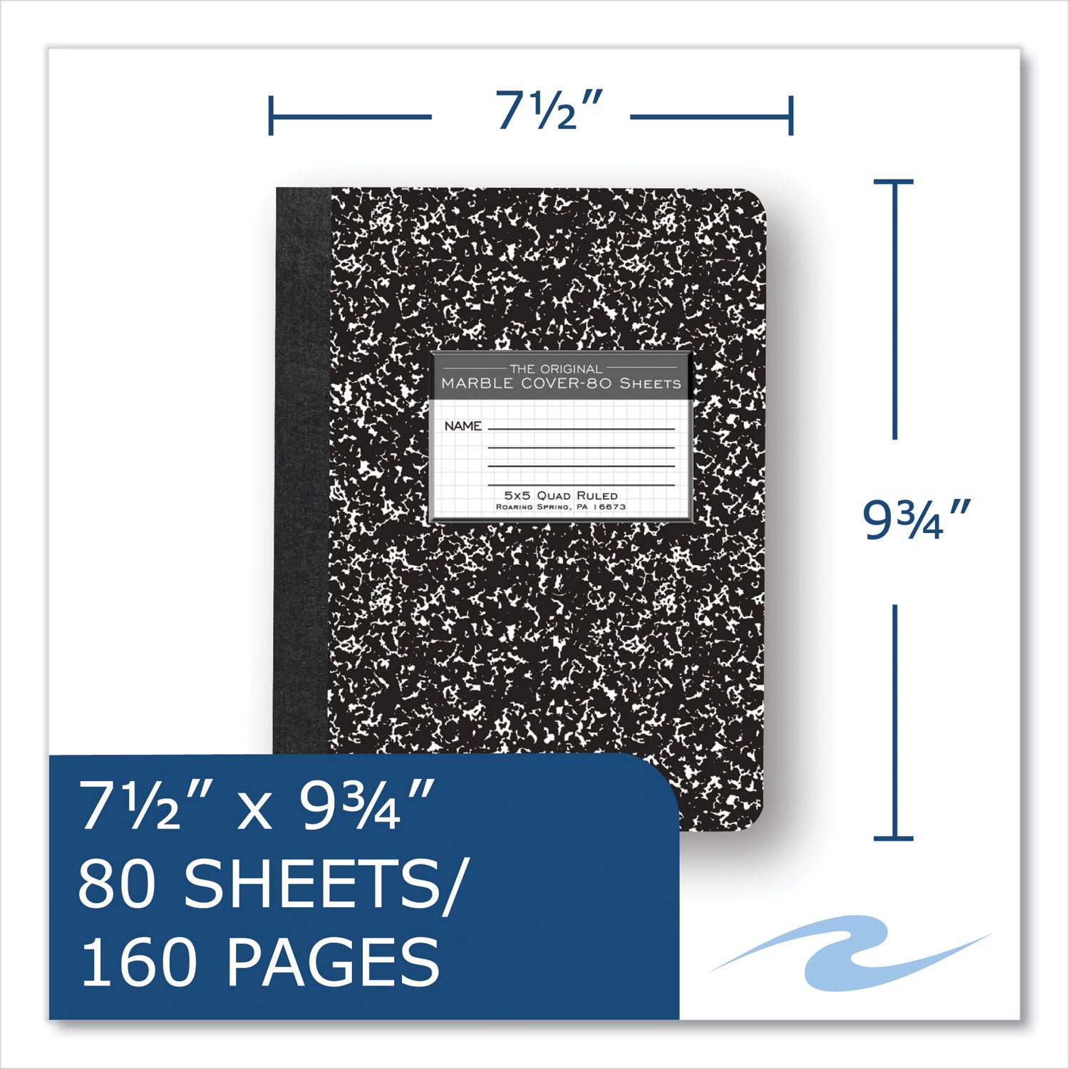 Hardcover Marble Composition Book, Quadrille Rule (5 sq/in), Black Marble Cover, (80) 9.75 x 7.5 Sheets, 48/Carton