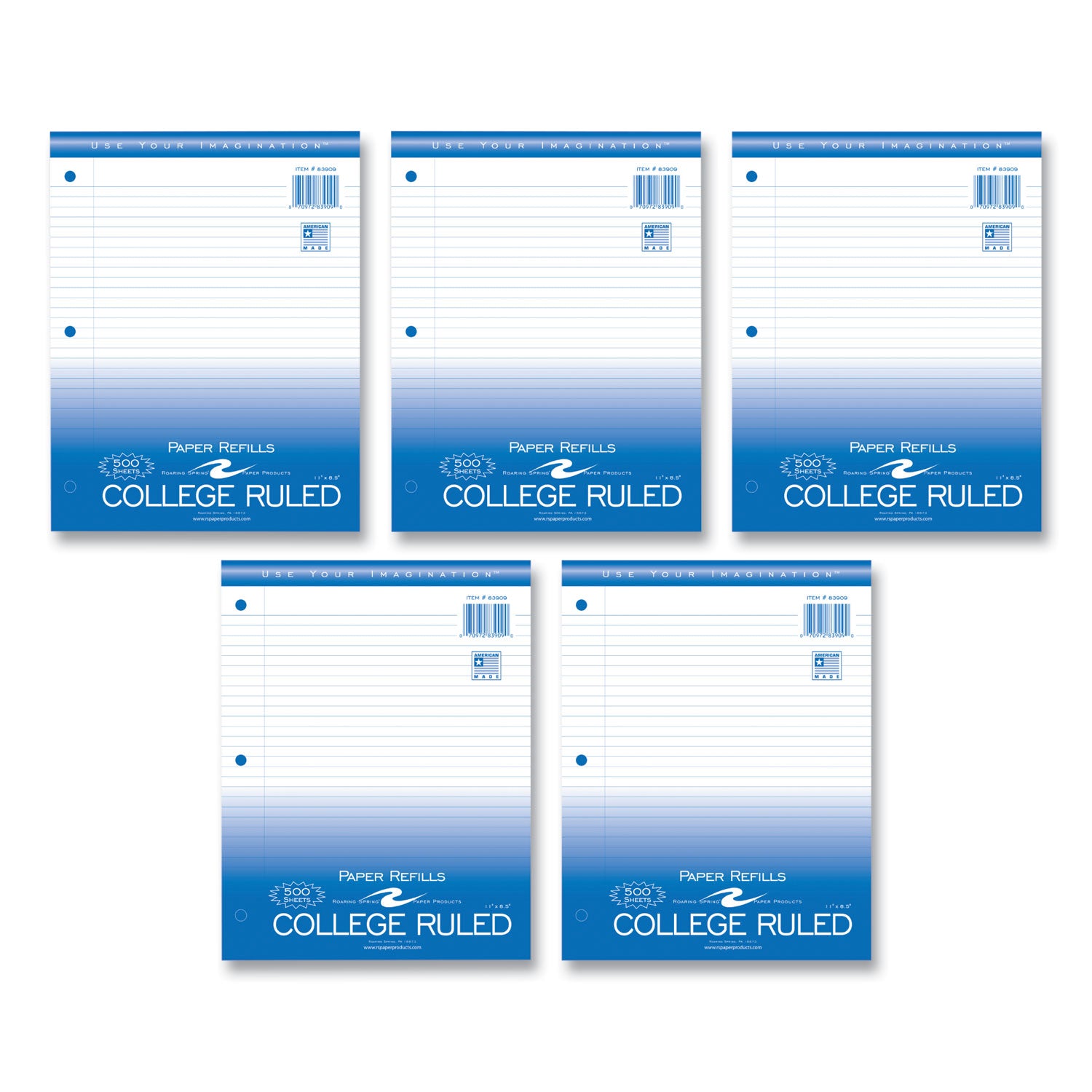 Roaring Spring College Ruled Filler Paper, 500 Sheets, 1000 Pages, 3-Hole Punched, 11" x 8.5", White, 10 Carton