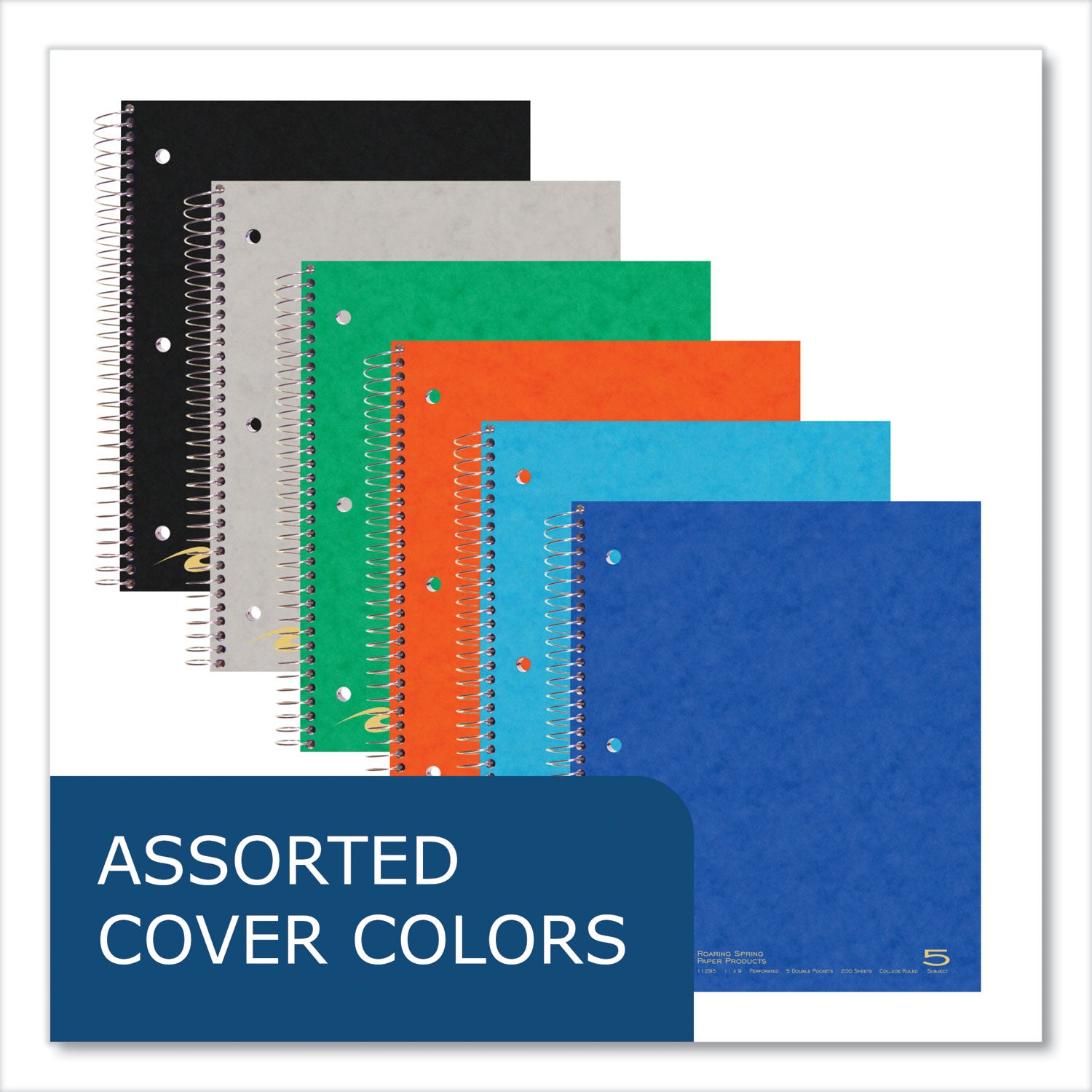 Roaring Spring Premium College Ruled Five Subject Spiral Notebook, 200 Sheets, 400 Pages, 11" x 9", Spiral Bound, 3-Hole Punched, Assorted Pressboard Covers, 1 Carton