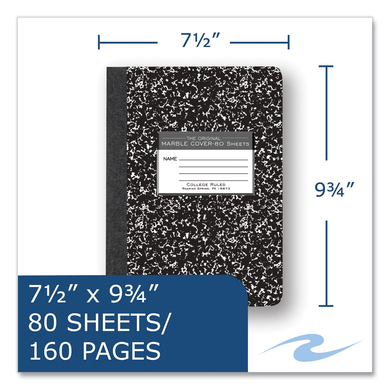 Roaring Spring Composition Book, 80 Sheets, 160 Pages, College Ruled, 9 3/4" x 7 1/2", Black Marble Hardboard Cover, 8 per Carton
