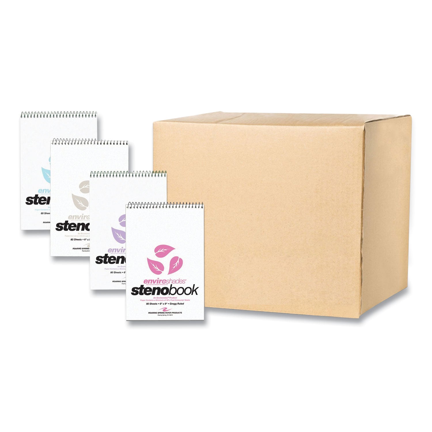 Roaring Spring Enviroshades Recycled Spiral Steno Memo Book, 80 Sheets, 160 Pages, 9" x 6", Gregg Ruled, Blue/Pink/Orchid/Green Paper, Spiral Bound, Heavy-Duty Chipboard Cover, 1 Carton