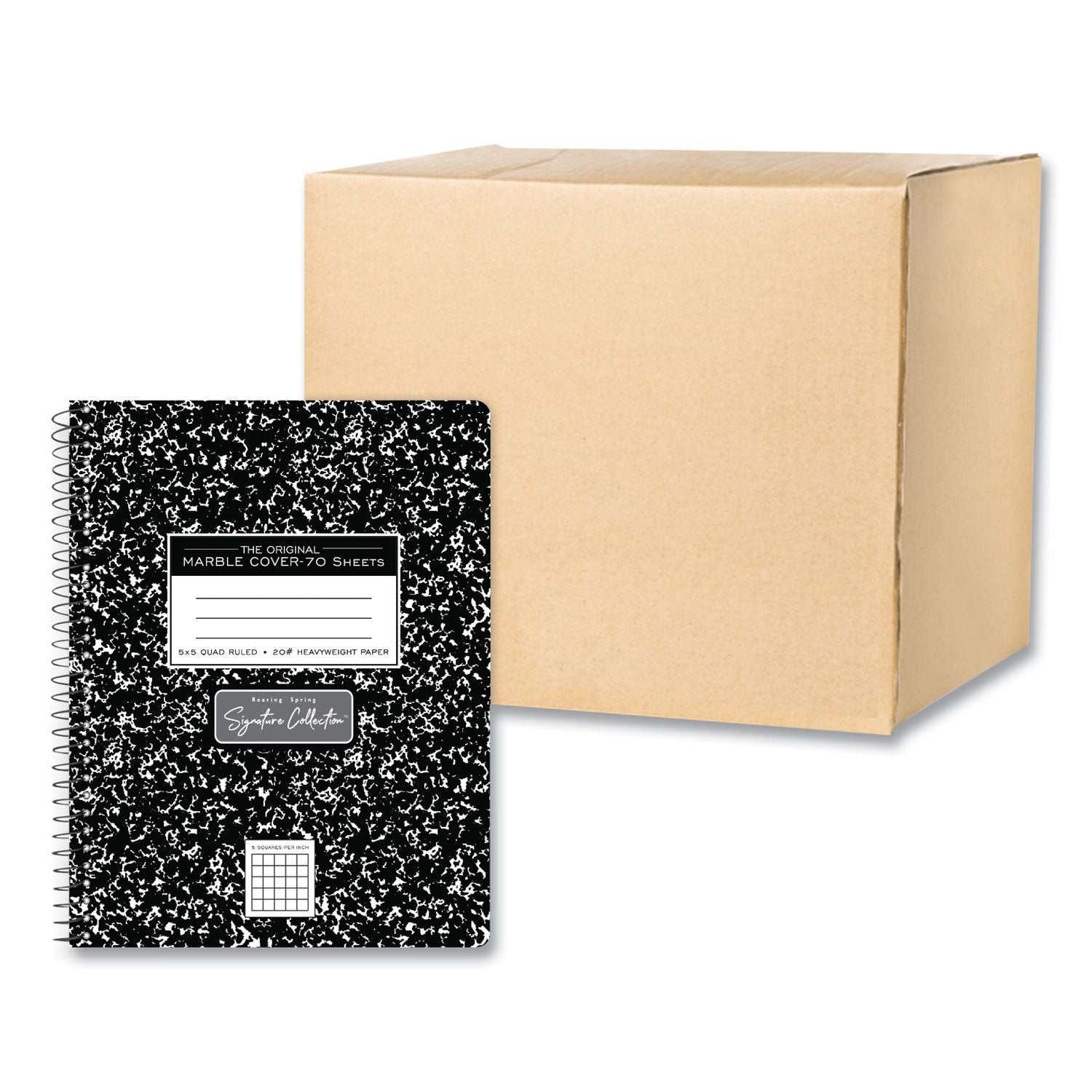 Roaring Spring Wirebound Composition Book, 70 Sheets, 140 Pages, Quad Ruled, 7.5" x 9.75", Spiral Bound, Perforated, Heavyweight White Paper, Black Marble Clay Cover, 1 Carton