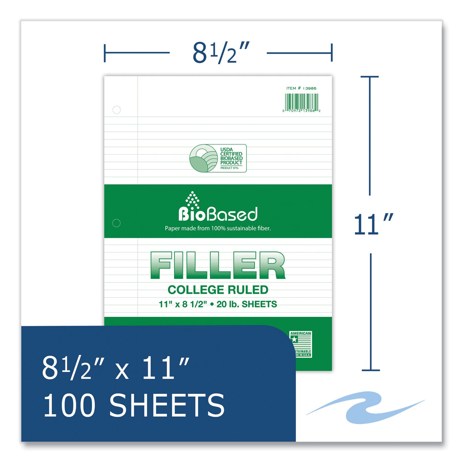 Roaring Spring BioBased Filler Paper, 100 Sheets, 200 Pages, College Ruled, 3-Hole Punched, 20 lb, 11" x 8.5", White, Red Margin, 48 Carton