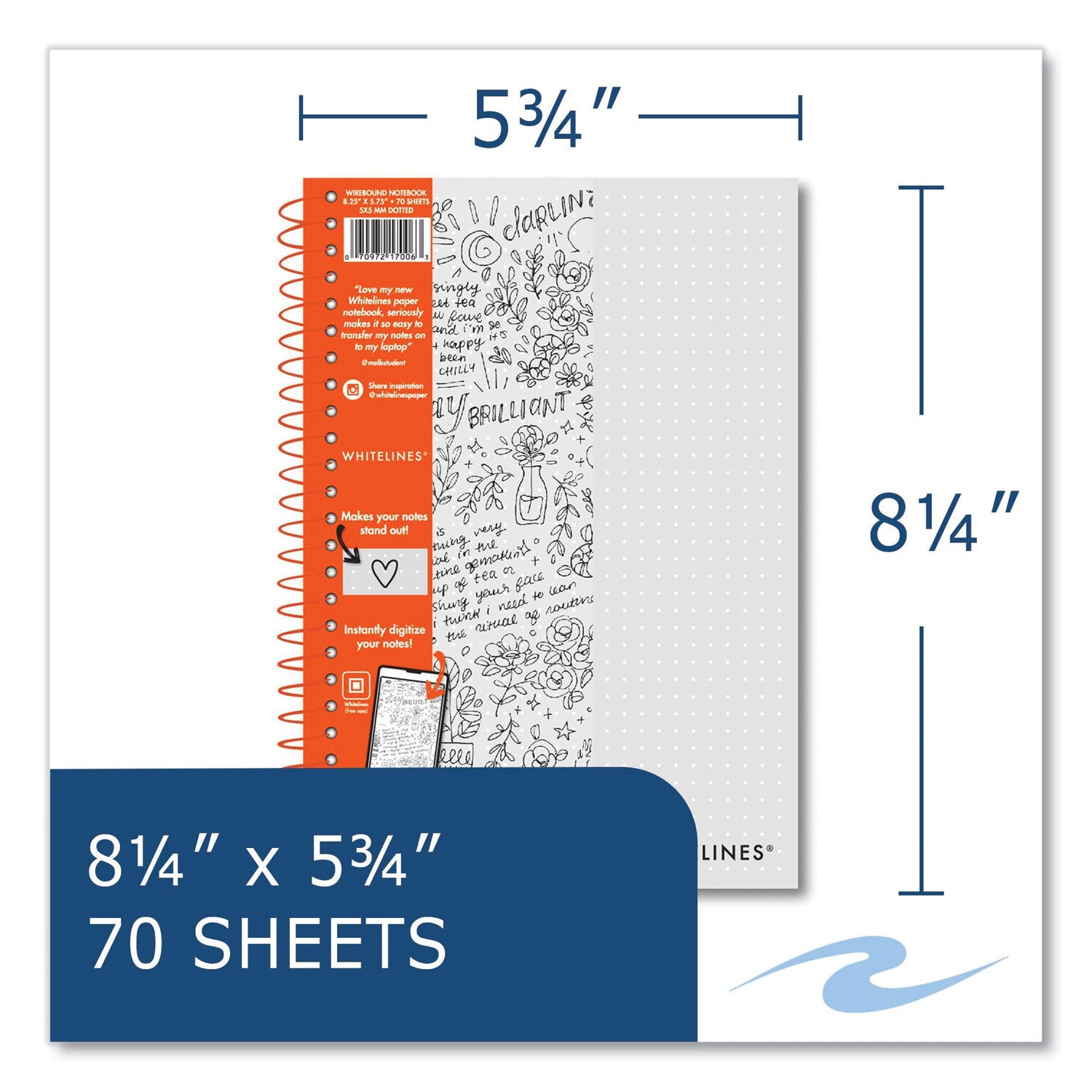 70 Sheets - 140 Pages - Printed - Wire Bound - Both Side Ruling Surface - Dotted Front Ruling - 20 lb Basis Weight - 5 3/4" x 8 1/4" Sheet Size - 0.33" Height x 5.8" Width x 8.3" Length - Gray Paper - Gray Whitelines Cover - Printed - 1 Carton