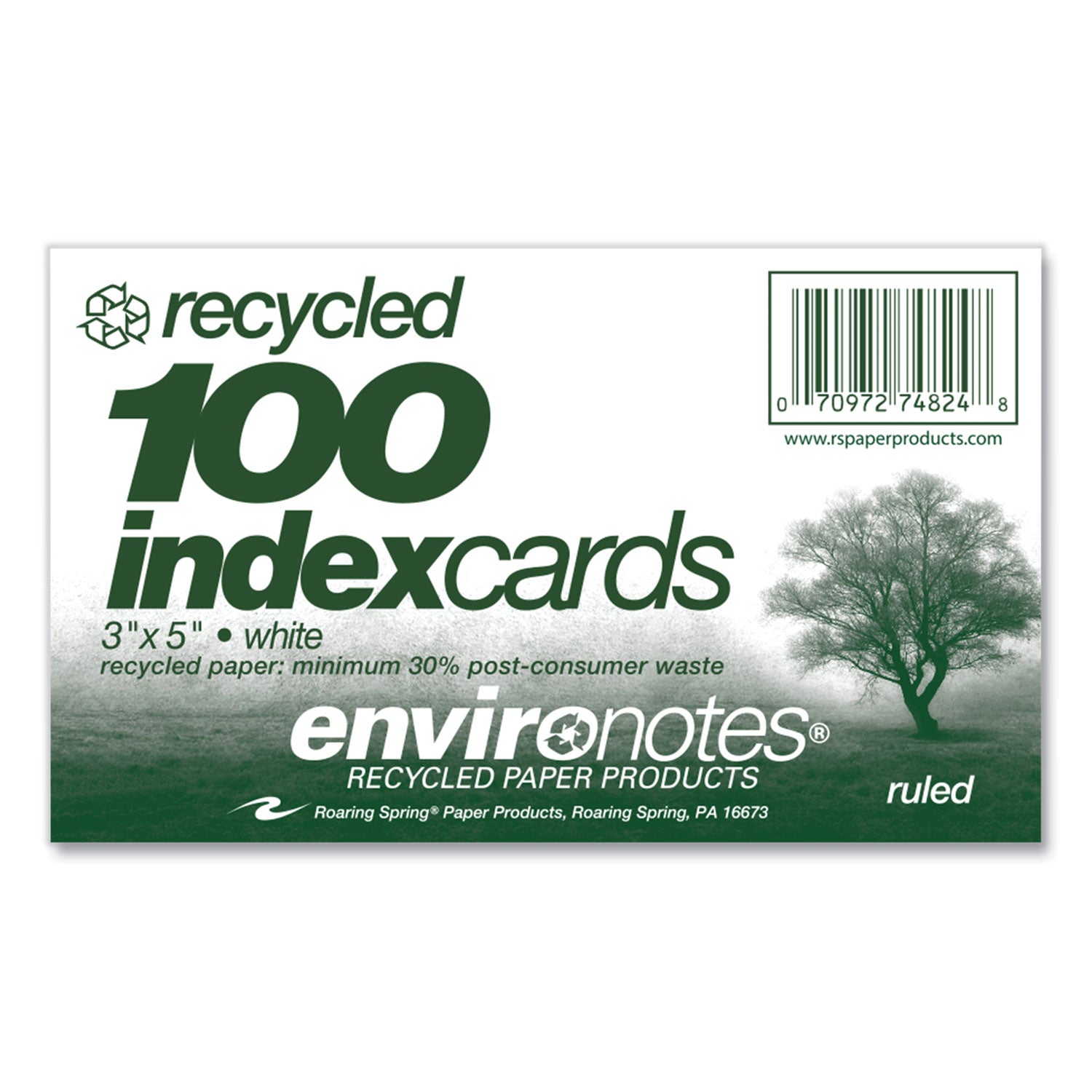 Roaring Spring EnviroNotes Index Cards, 5" x 3", White, Narrow Ruled, 100 Sheets/Pack, 36 Packs/Carton, Recycled Paper