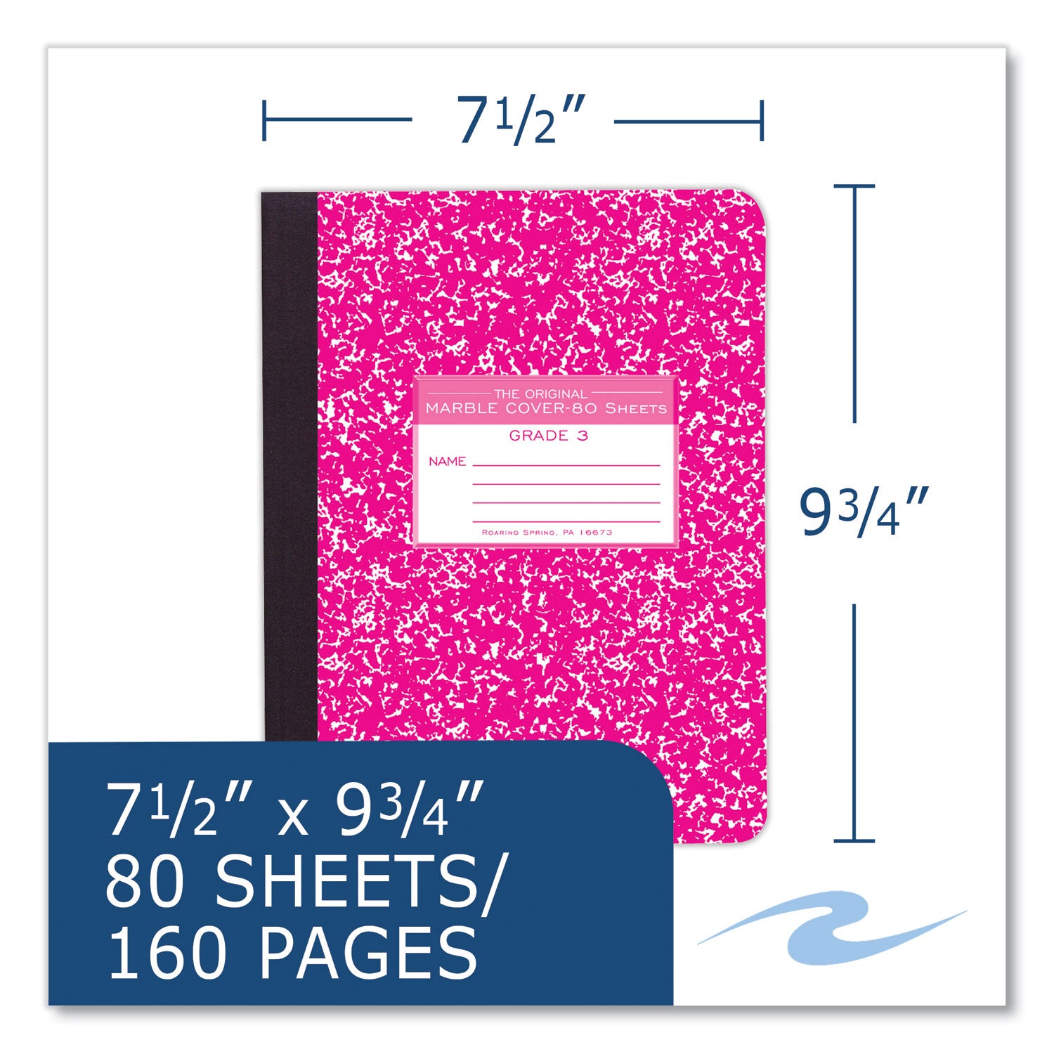Roaring Spring Grade School Ruled Marble Hard Cover Composition Book, 80 Sheets, 160 Pages, 9 3/4" x 7 1/2", White Paper, Red Marble Hardboard Cover, Sewn/Tapebound, 48 per Carton