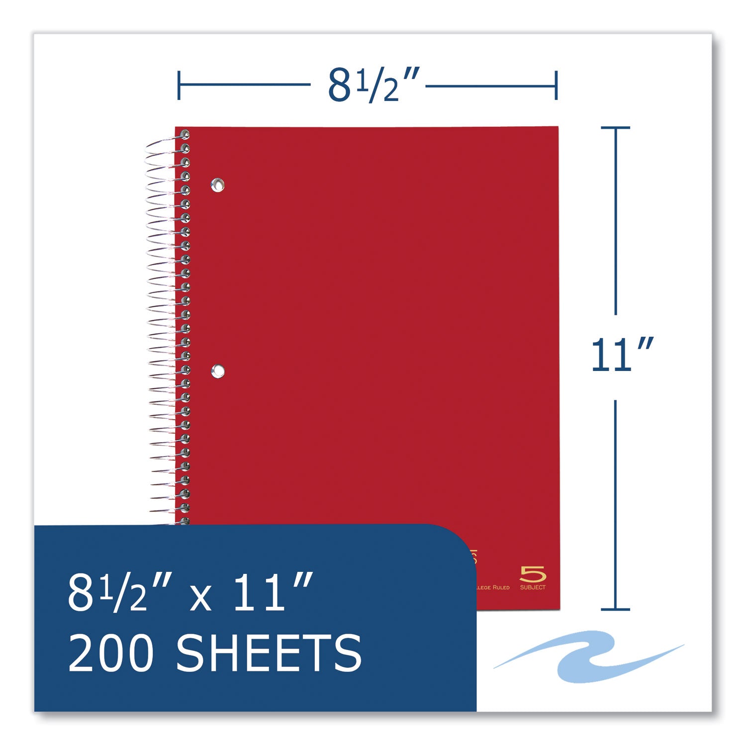 Roaring Spring Premium College Ruled Five Subject Spiral Notebook, 200 Sheets, 400 Pages, 11" x 8.5", Spiral Bound, 3-Hole Punched, Assorted Covers, 1 Carton