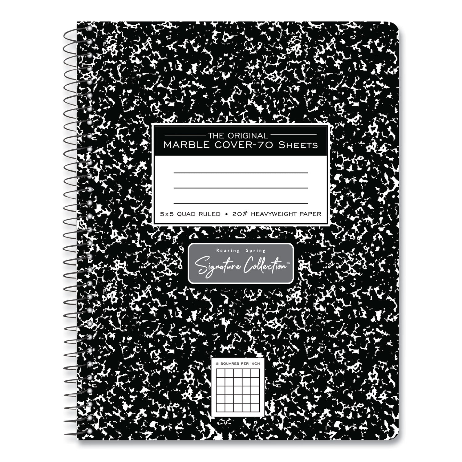 Roaring Spring Wirebound Composition Book, 70 Sheets, 140 Pages, Quad Ruled, 7.5" x 9.75", Spiral Bound, Perforated, Heavyweight White Paper, Black Marble Clay Cover, 1 Carton