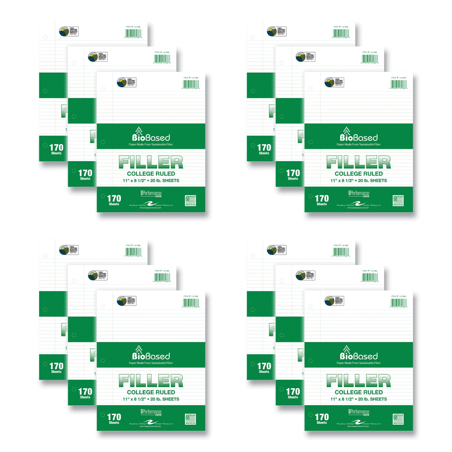 Roaring Spring BioBased Filler Paper, 170 Sheets, 340 Pages, Spiral Bound, College Ruled, 3-Hole Punched, 11" x 8.5", White, 24/Carton