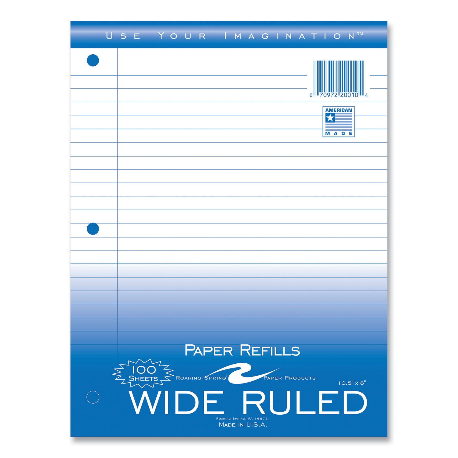 Roaring Spring Filler Paper, 100 Sheets (200 Pages), Wide Ruled, 3-Hole Punched, 10.5" x 8", White, Poly Wrapped, 1 Carton