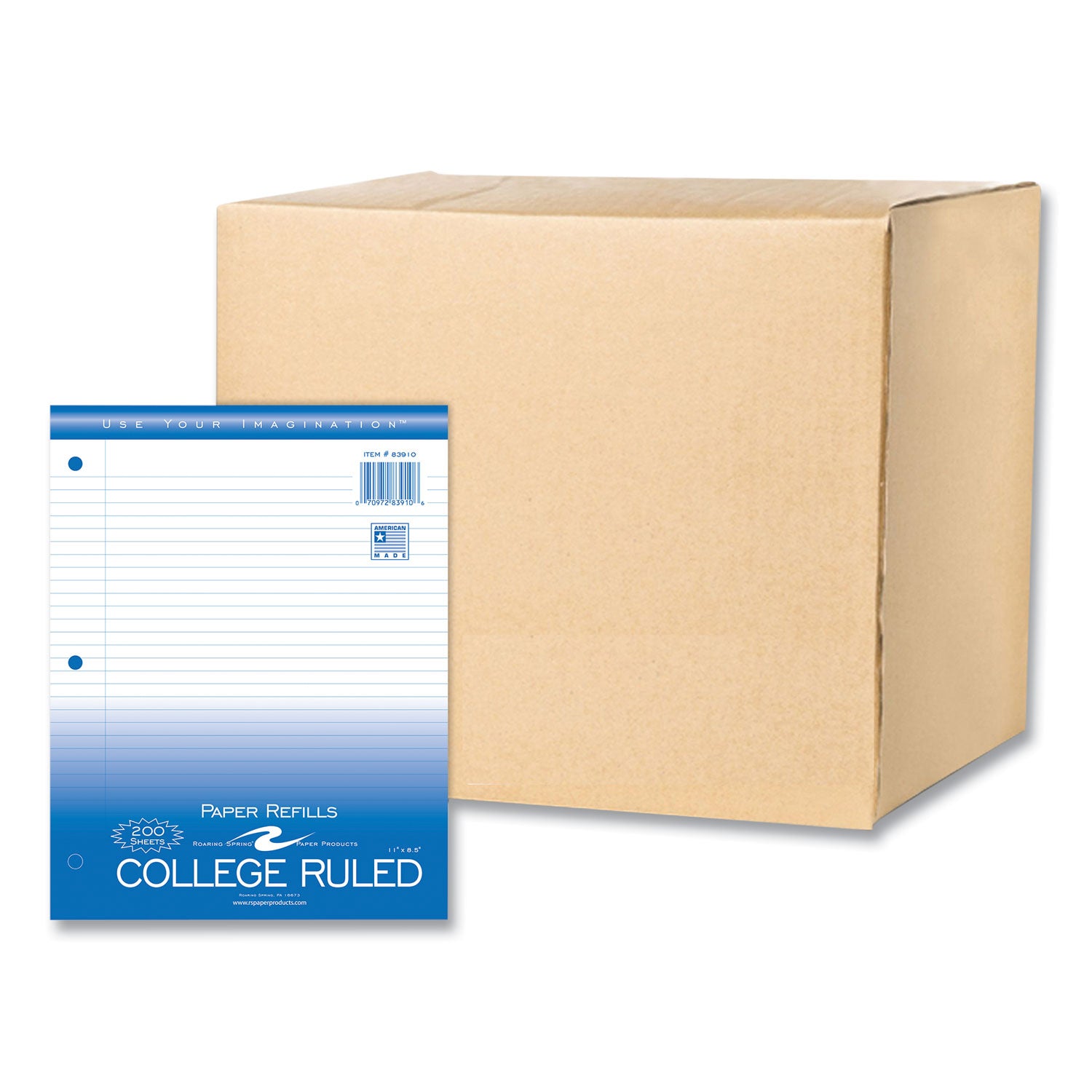 Roaring Spring College Ruled Filler Paper, 200 Sheets per Pack, 400 Pages, 3-Hole Punched, White, 11" x 8.5", Red Margin, 24 Packs per Carton