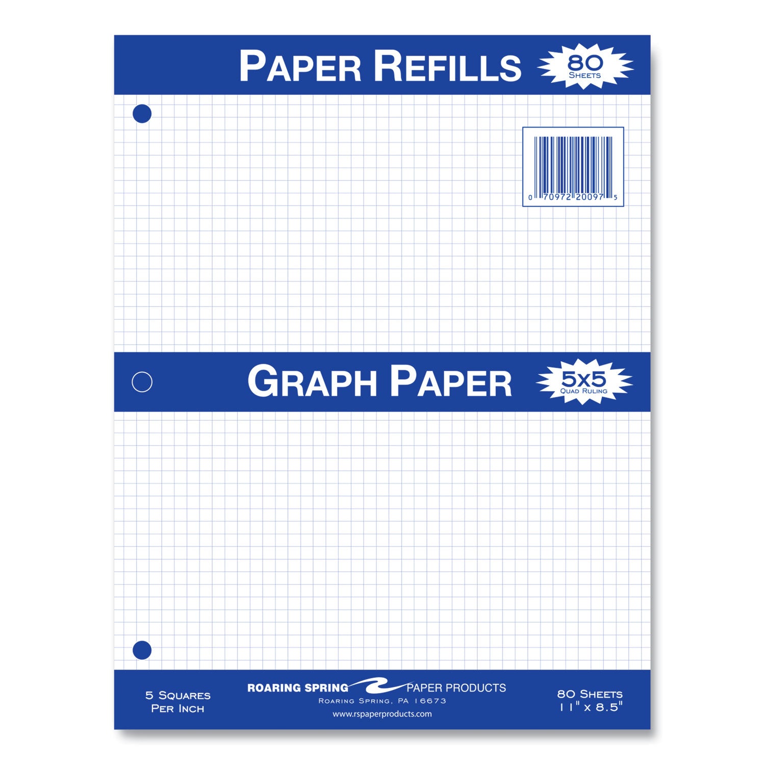 Roaring Spring Graph Filler Paper, 80 Sheets, 160 Pages, 3-Hole Punched, Quad Ruled, 11" x 8.5", White, 1 Carton