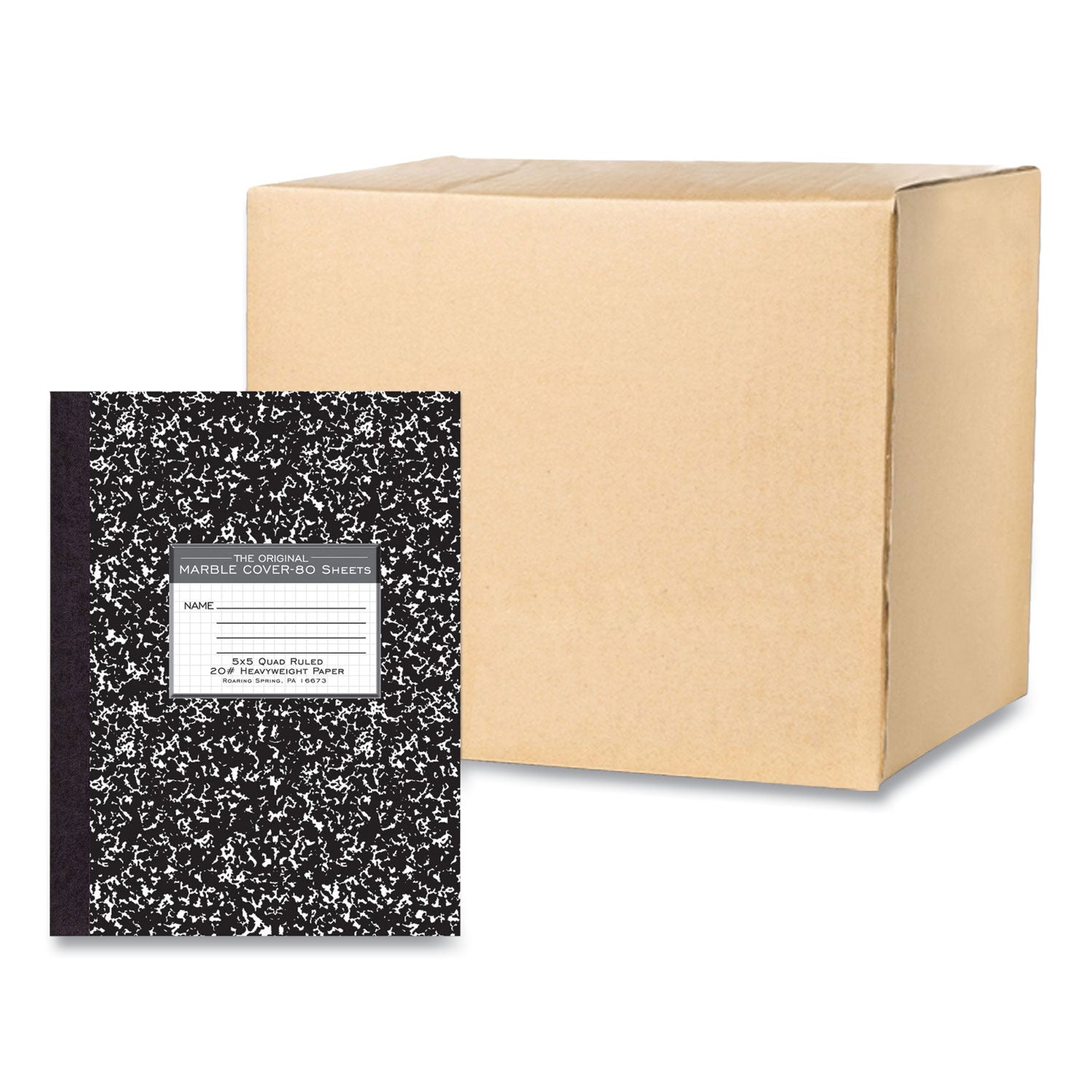 Hardcover Marble Composition Book, Quadrille Rule (5 sq/in), Black Marble Cover, (80) 10.25 x 7.88 Sheets, 24/Carton