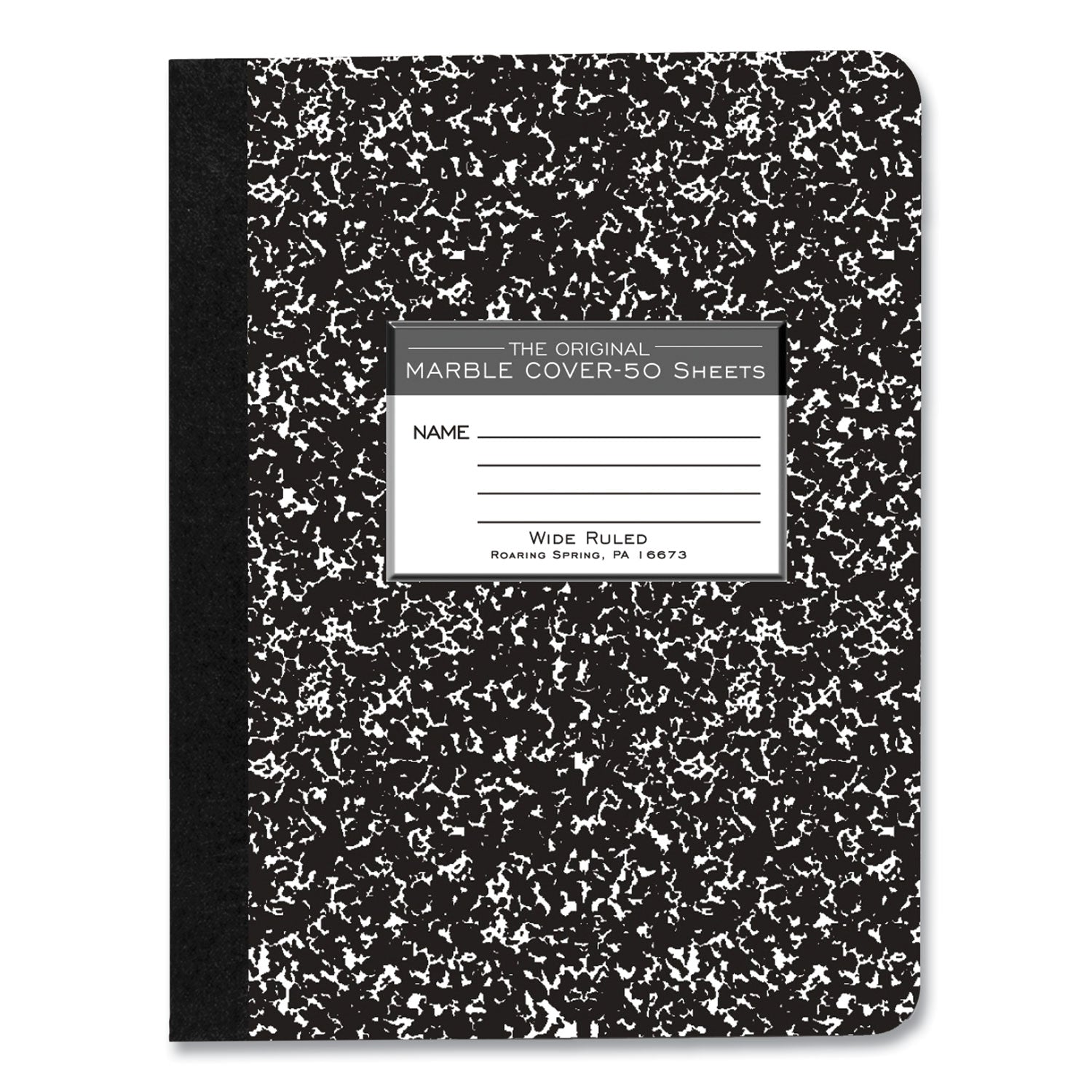 Roaring Spring Marble Comp Book, 50 Sheets, 100 Pages, Wide Ruled, 9 3/4" x 7 1/2", Black Marble Hardboard Cover, 48 per Carton