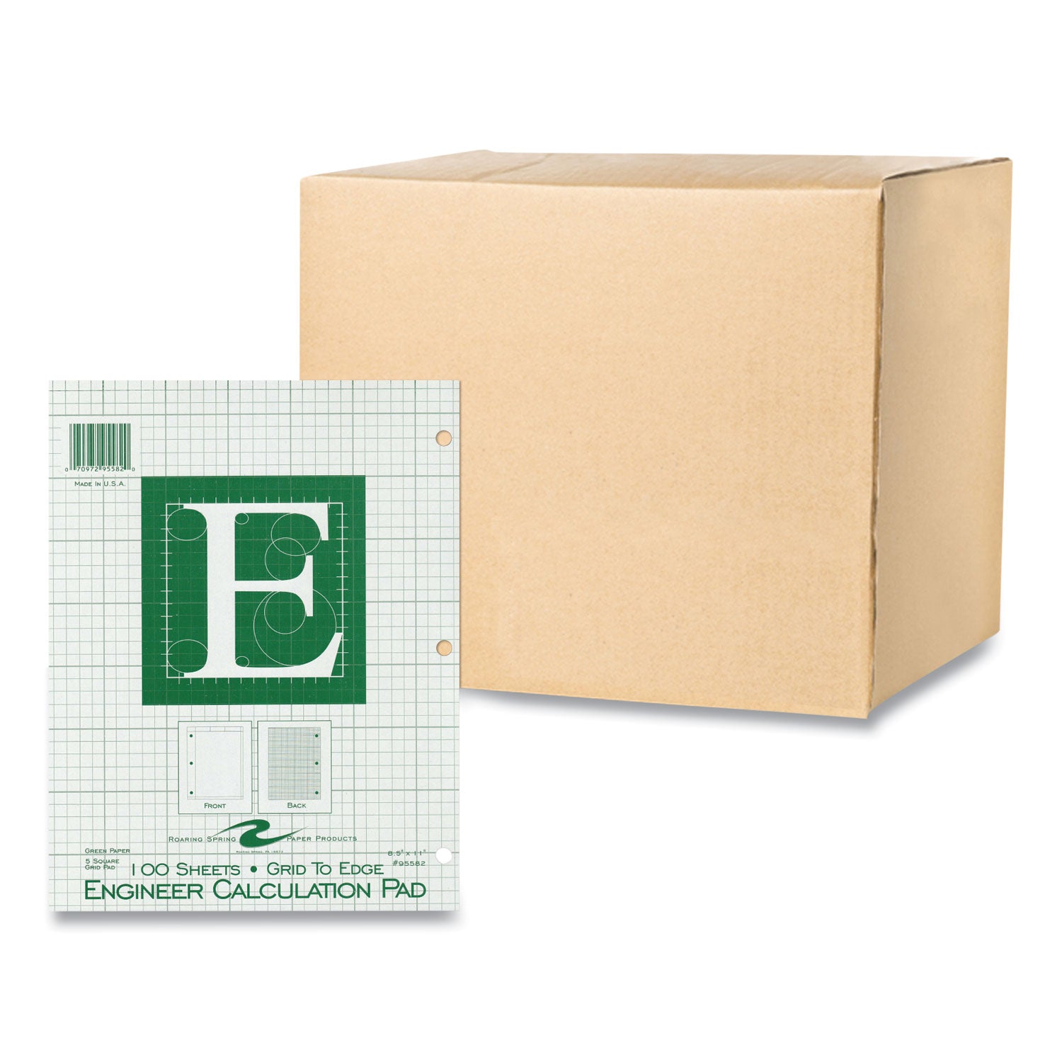 Engineer Pad, (1.25" Margin), Quad Rule (5 sq/in, 1 sq/in), 100 Light Green 8.5 x 11 Sheets/Pad, 24/Carton