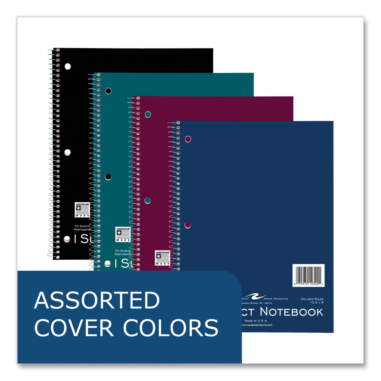 Roaring Spring College Ruled One Subject Spiral Notebook, 70 Sheets, 140 Pages, 10.5" x 8", 3-Hole Punched, Assorted Board Covers, 24 Notebooks per Carton