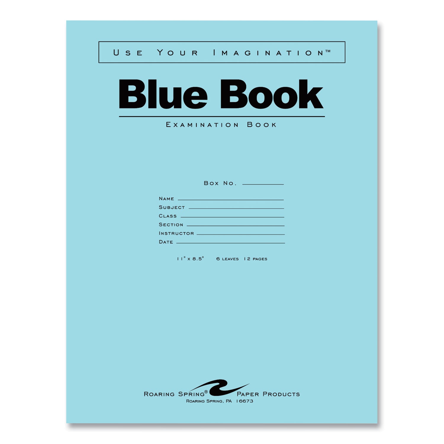 Roaring Spring Blue Examination Book, 6 Sheets, 12 Pages, Wide Ruled, Stapled, Letter Size, White Paper, Blue Heavyweight Cover, 1 Carton