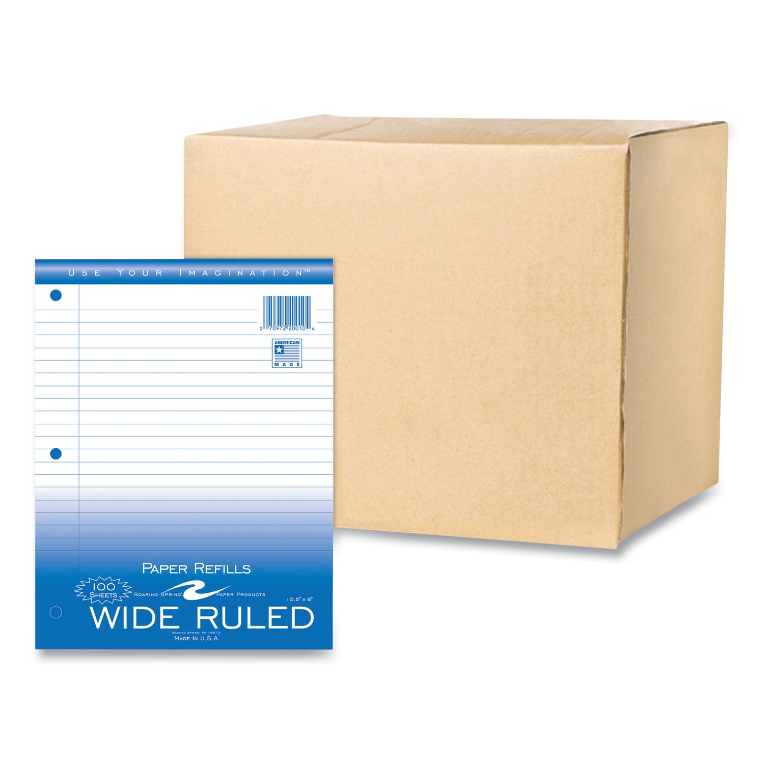 Roaring Spring Filler Paper, 100 Sheets (200 Pages), Wide Ruled, 3-Hole Punched, 10.5" x 8", White, Poly Wrapped, 1 Carton