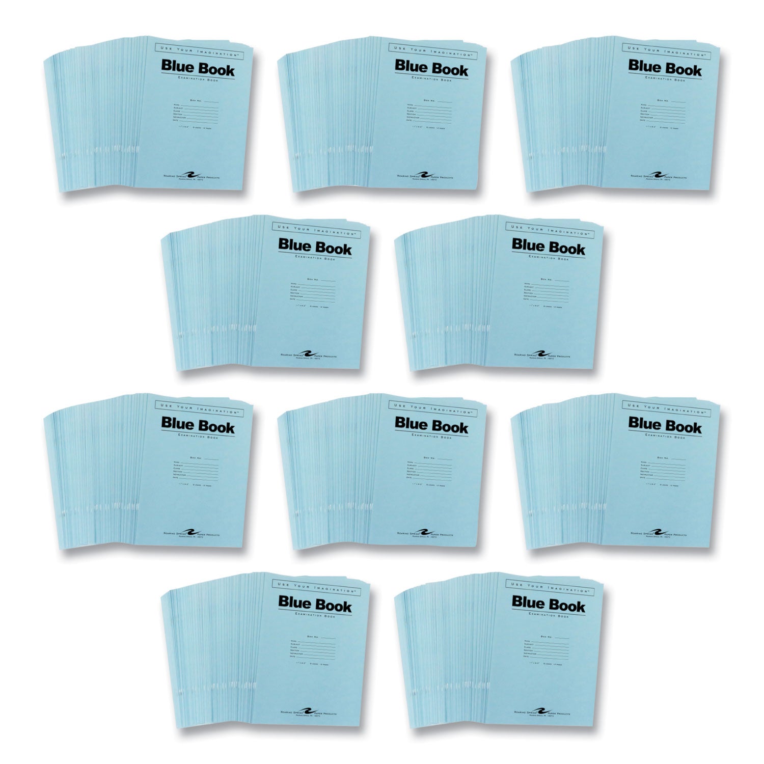 Roaring Spring Blue Examination Book, 6 Sheets, 12 Pages, Wide Ruled, Stapled, Letter Size, White Paper, Blue Heavyweight Cover, 1 Carton