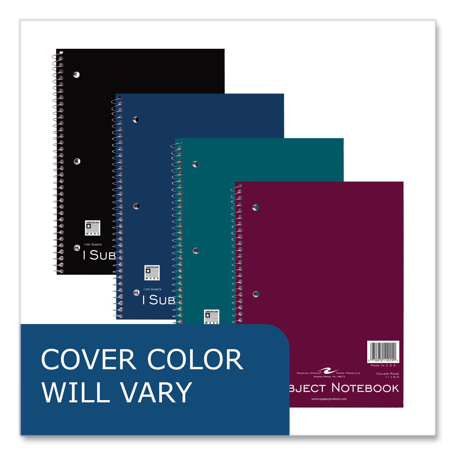 Roaring Spring College Ruled One Subject Spiral Notebook, 100 Sheets, 200 Pages, 11" x 8.5", Spiral Bound, 3-Hole Punched, Assorted Kraft Covers, 1 Carton