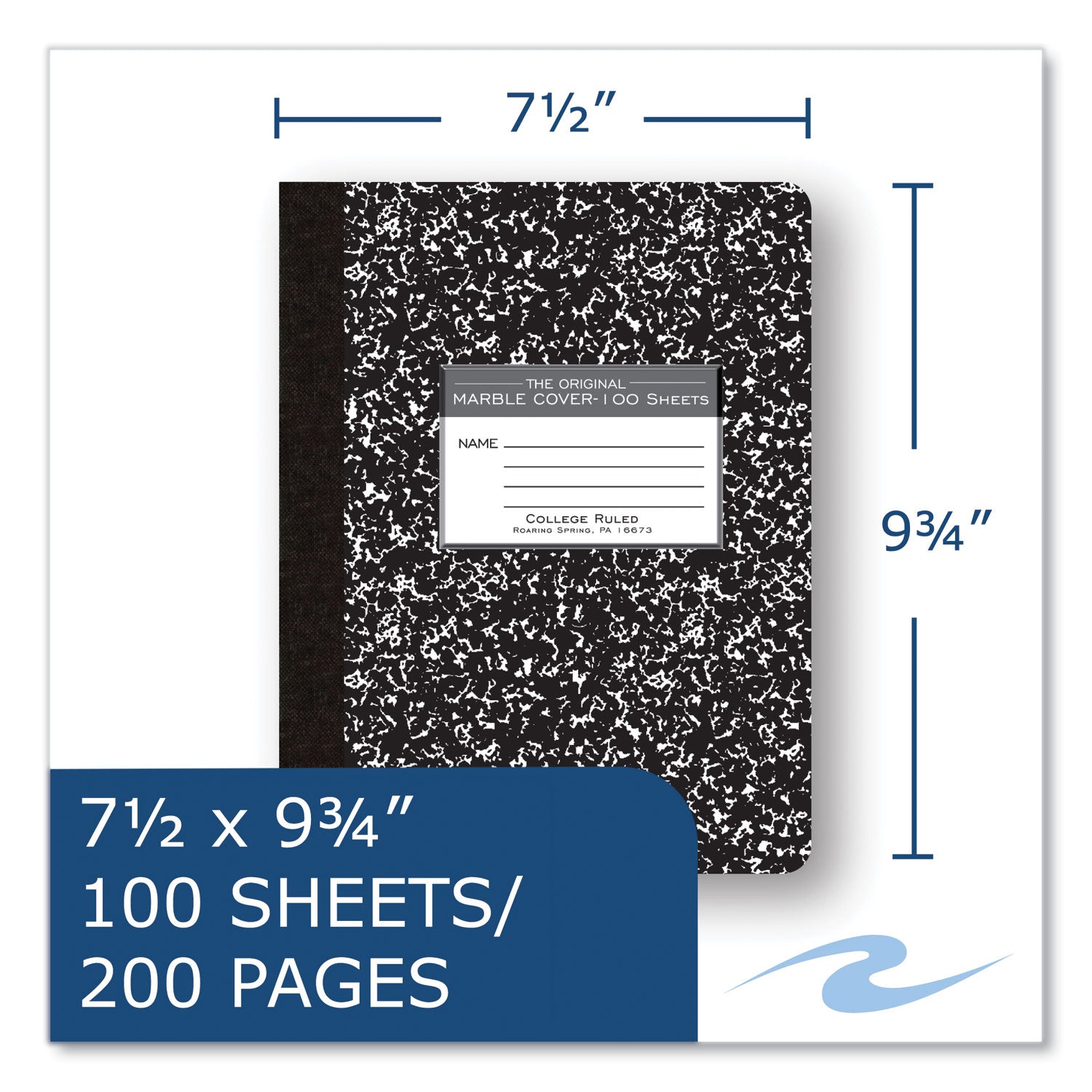 Hardcover Marble Composition Book, Medium/College Rule, Black Marble Cover, (100) 9.75 x 7.5 Sheets, 24/Carton