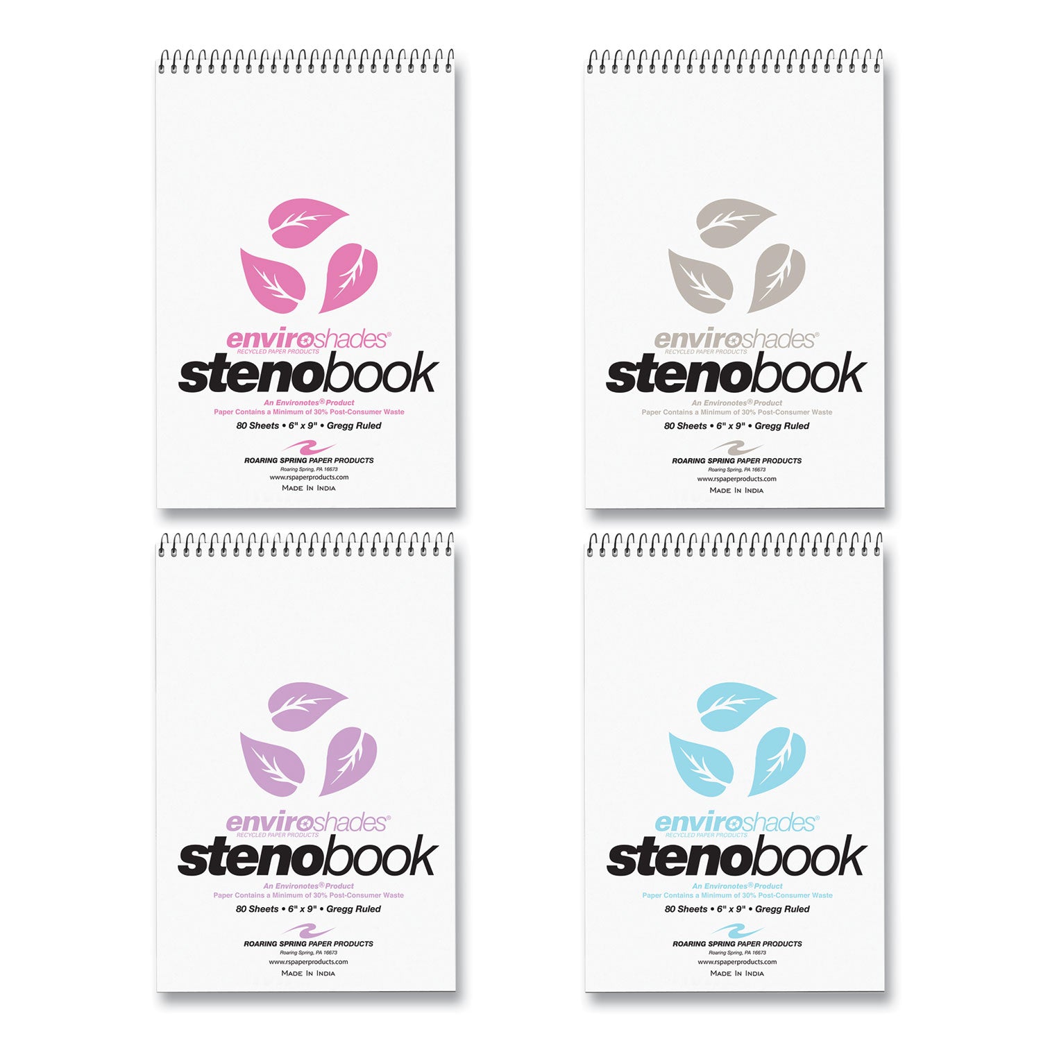 Roaring Spring Enviroshades Recycled Spiral Steno Memo Book, 80 Sheets, 160 Pages, 9" x 6", Gregg Ruled, Blue/Pink/Orchid/Green Paper, Spiral Bound, Heavy-Duty Chipboard Cover, 1 Carton