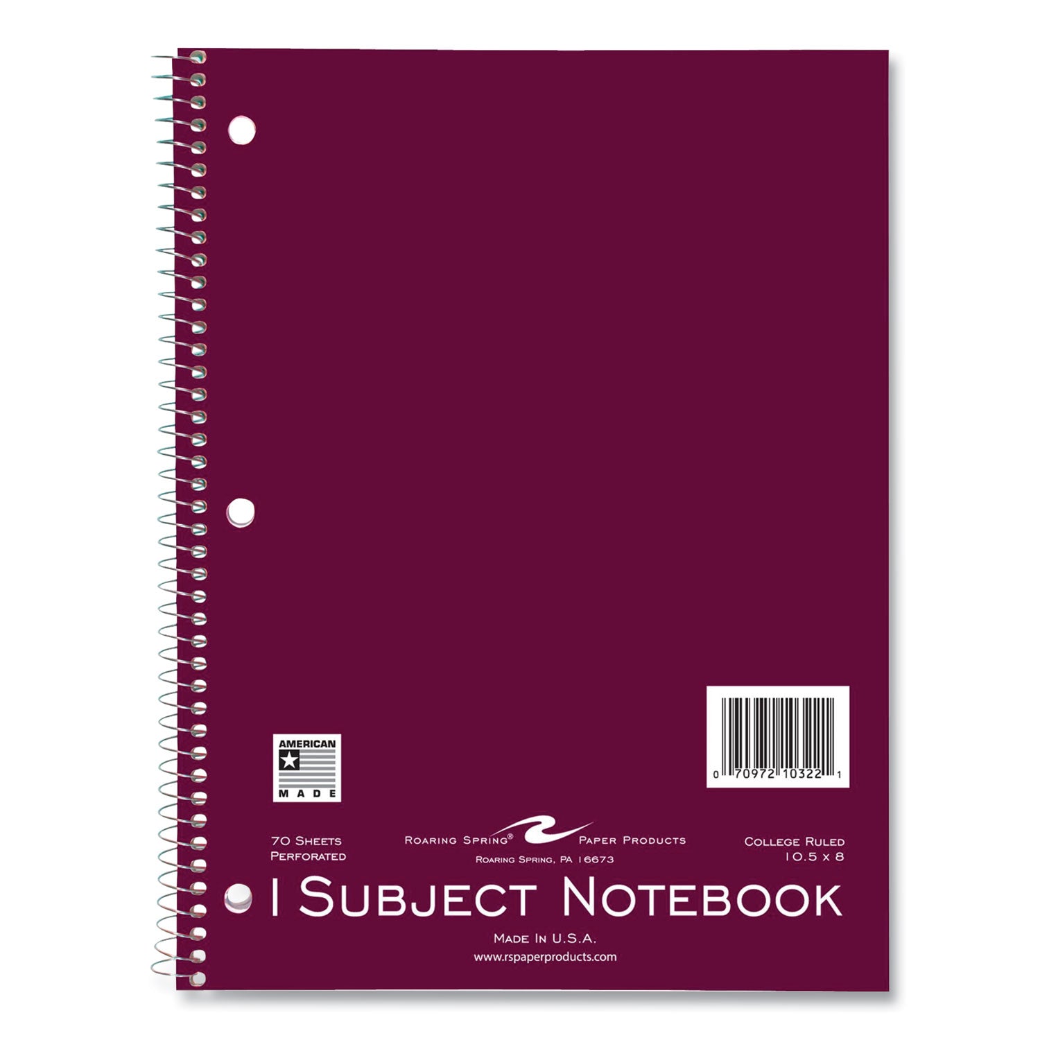 Roaring Spring College Ruled One Subject Spiral Notebook, 70 Sheets, 140 Pages, 10.5" x 8", 3-Hole Punched, Assorted Board Covers, 24 Notebooks per Carton
