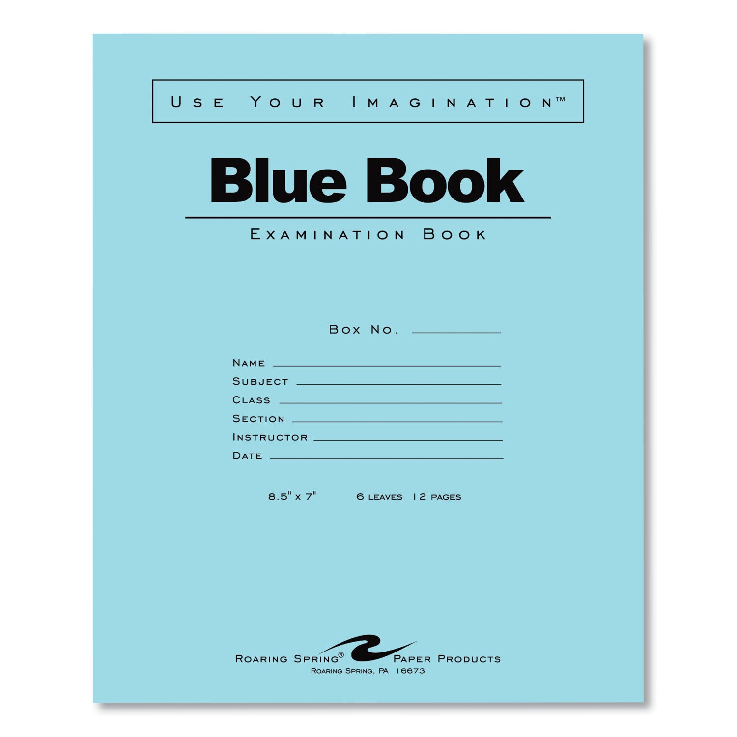 Roaring Spring Blue Examination Book, 6 Sheets, 12 Pages, Wide Ruled, 8.5" x 7", Stapled Spine, Blue Heavyweight Cover, 1 Carton