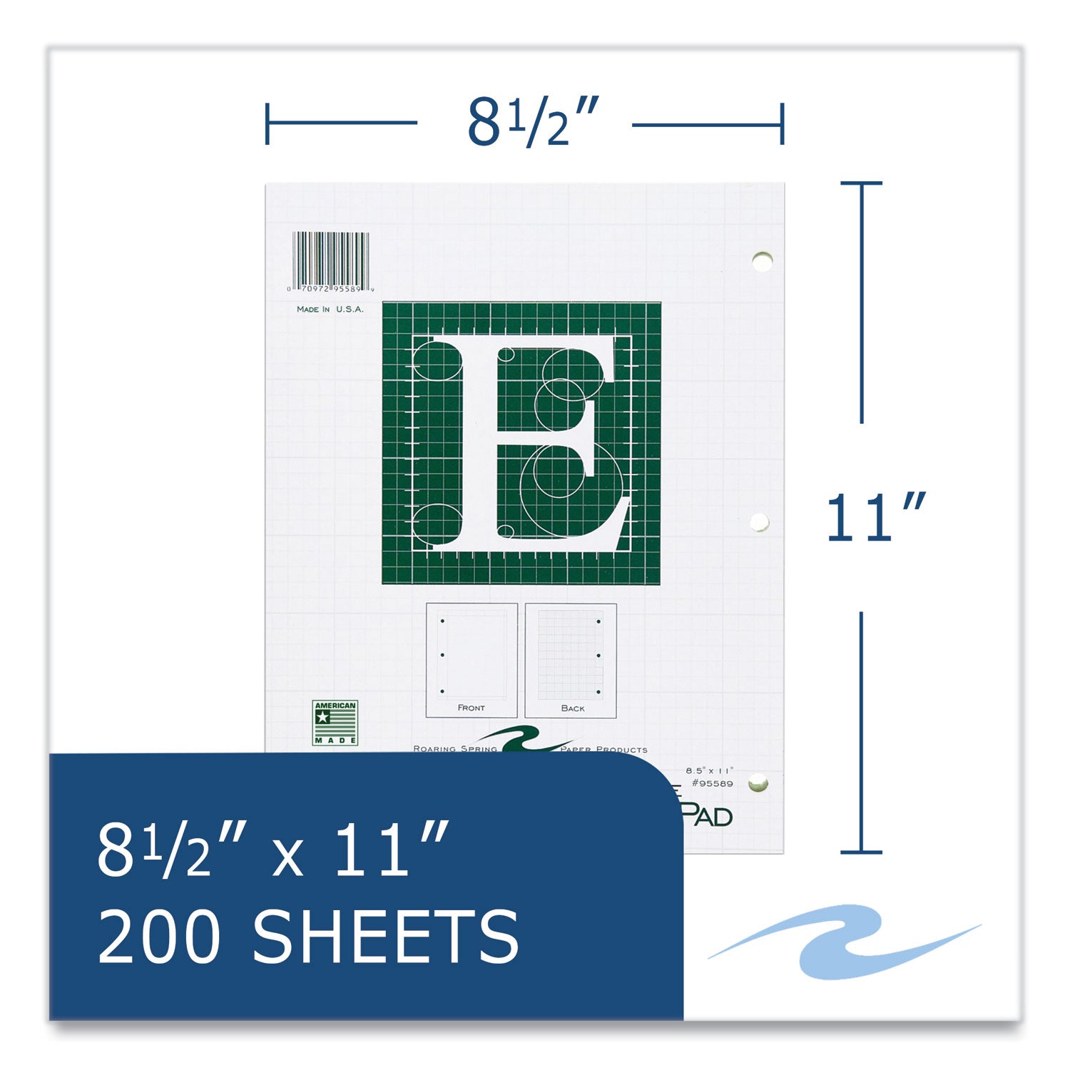 Engineer Pad, (1.25" Margin), Quad Rule (5 sq/in, 1 sq/in), 200 Light Green 8.5 x 11 Sheets/Pad, 12/Carton