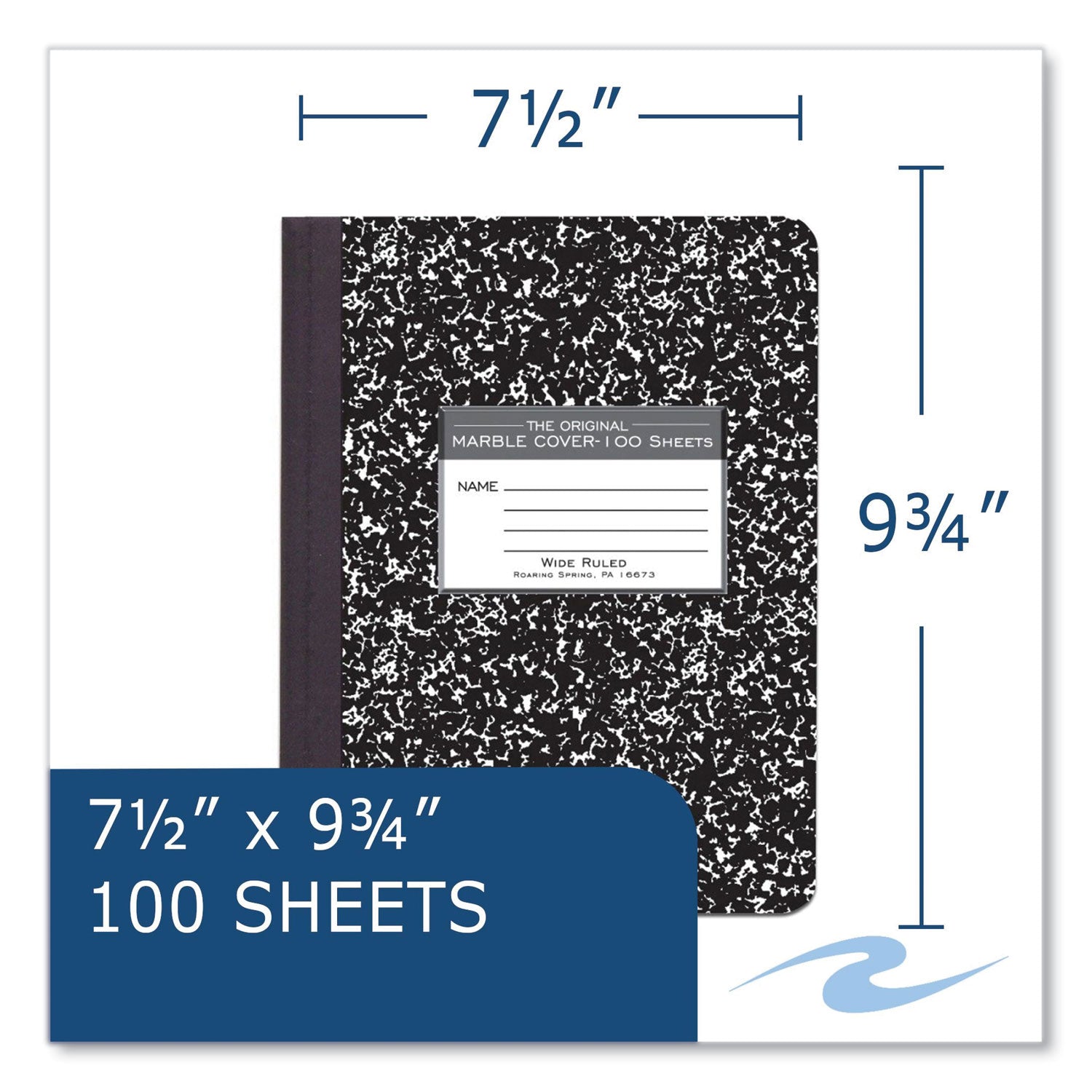 Roaring Spring Marble Comp Book, 100 Sheets, 200 Pages, Wide Ruled, 7.5" x 9.75", Black Marble Hard Cover, Sewn/Tapebound, 1 Carton