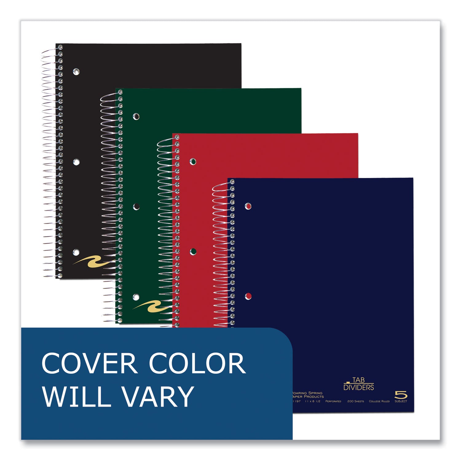 Roaring Spring Premium College Ruled Five Subject Spiral Notebook, 200 Sheets, 400 Pages, 11" x 8.5", Spiral Bound, 3-Hole Punched, Assorted Covers, 1 Carton