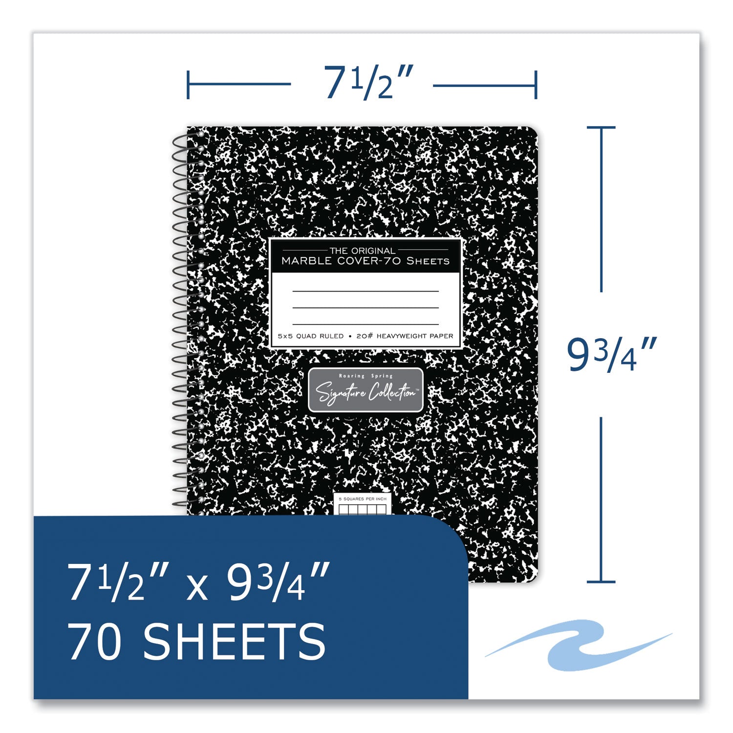 Roaring Spring Wirebound Composition Book, 70 Sheets, 140 Pages, Quad Ruled, 7.5" x 9.75", Spiral Bound, Perforated, Heavyweight White Paper, Black Marble Clay Cover, 1 Carton