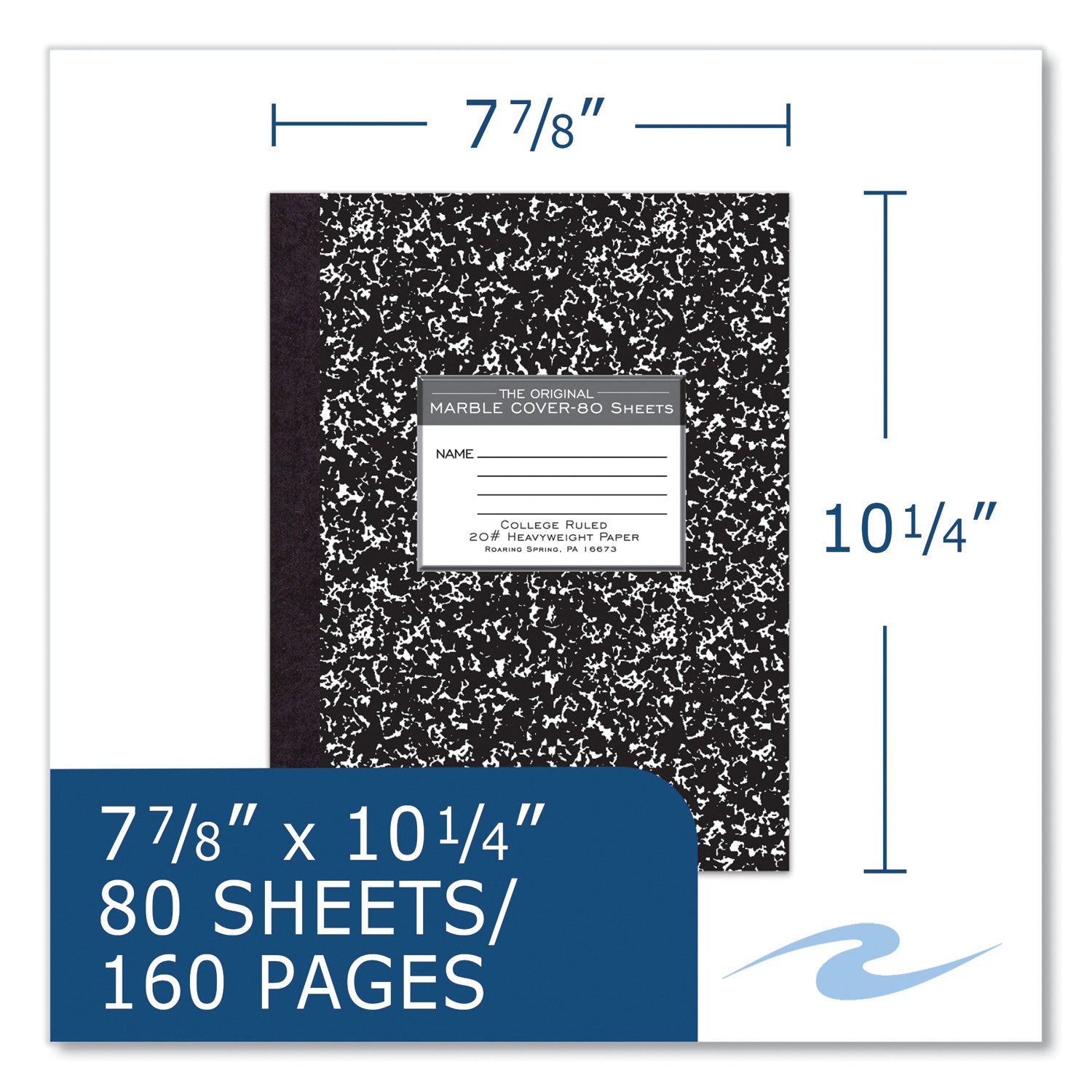 Roaring Spring Composition Book, 80 Sheets, 160 Pages, College Ruled, 10 1/4" x 7 7/8", Black Marble Cover, 4 per Carton