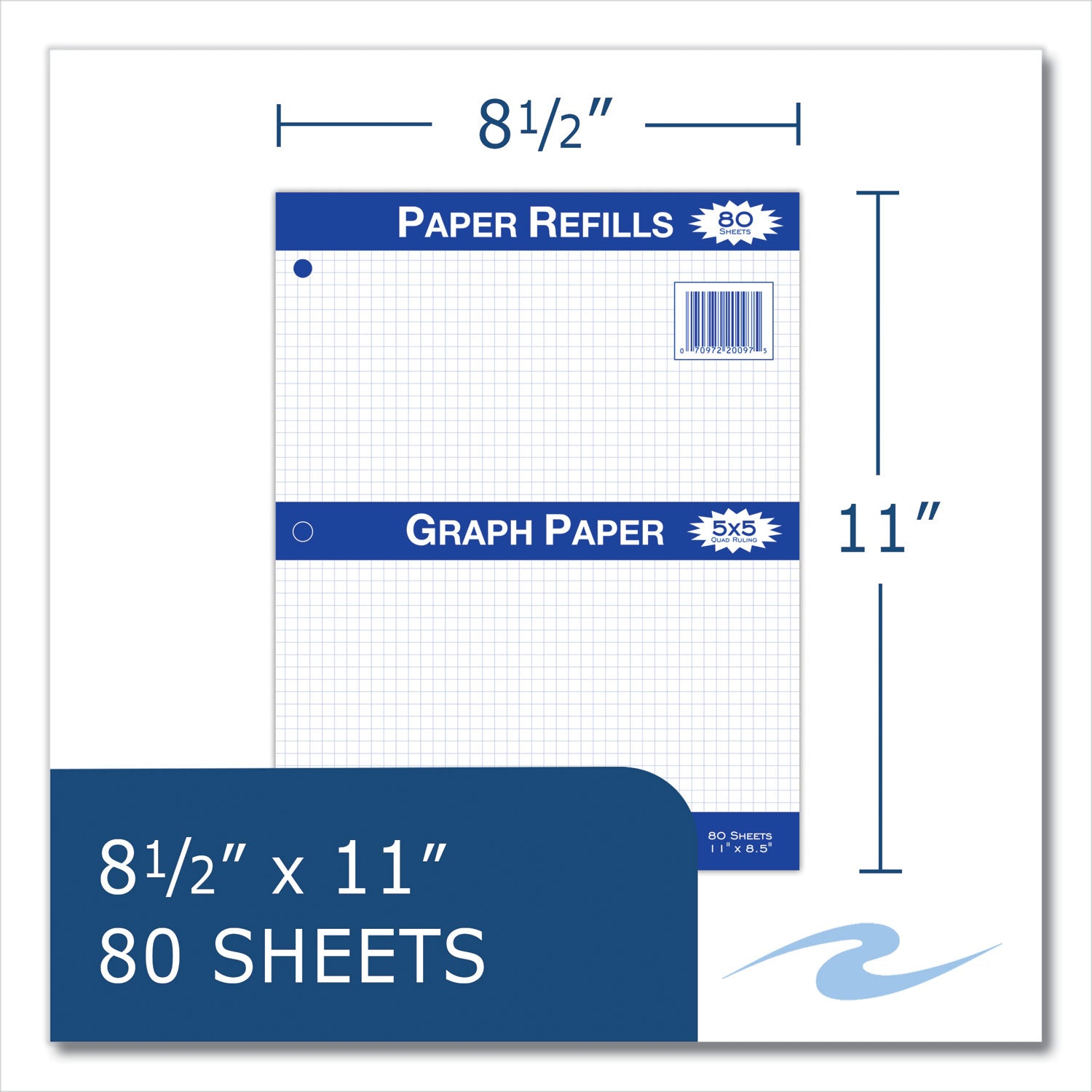 Roaring Spring Graph Filler Paper, 80 Sheets, 160 Pages, 3-Hole Punched, Quad Ruled, 11" x 8.5", White, 1 Carton