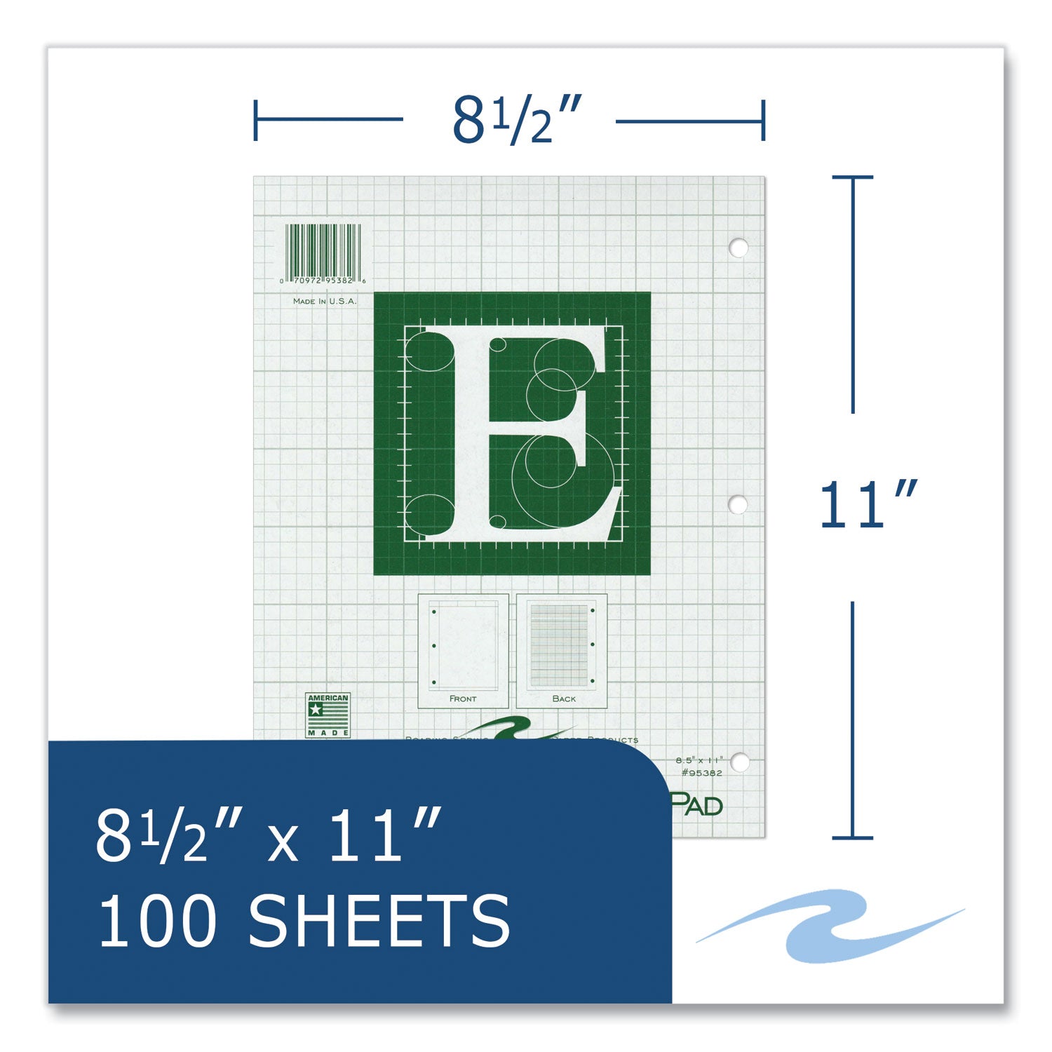 Roaring Spring 5x5 Grid Engineering Pad, 11" x 8.5", Green, 100 Sheets, 200 Pages, 3-Hole Punched, Glued Top, Chipboard Cover, 24 Pads per Carton