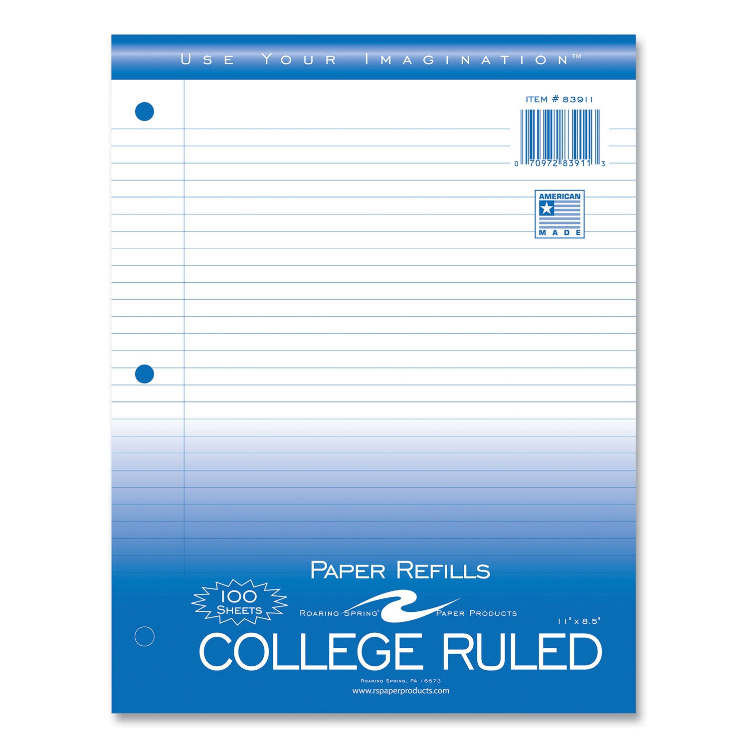 Roaring Spring College Ruled Filler Paper, 100 Sheets per Pack, 200 Pages, 3-Hole Punched, White, 11" x 8.5", Red Margin, 48 Packs per Carton