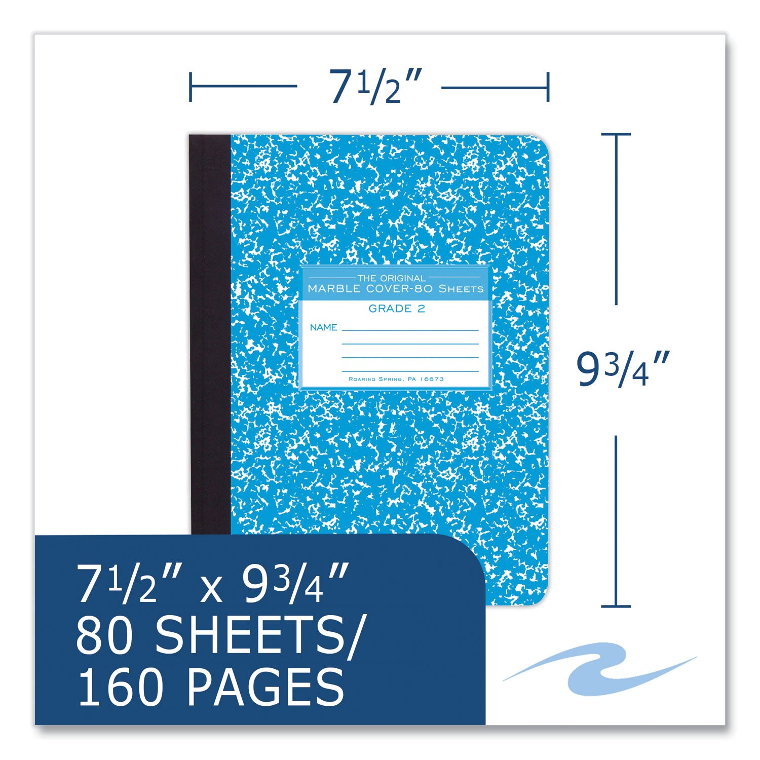 Roaring Spring Grade School Ruled Marble Hard Cover Composition Book, 80 Sheets, 160 Pages, 9-3/4" x 7-1/2", Blue Marble Cover, 48/Carton