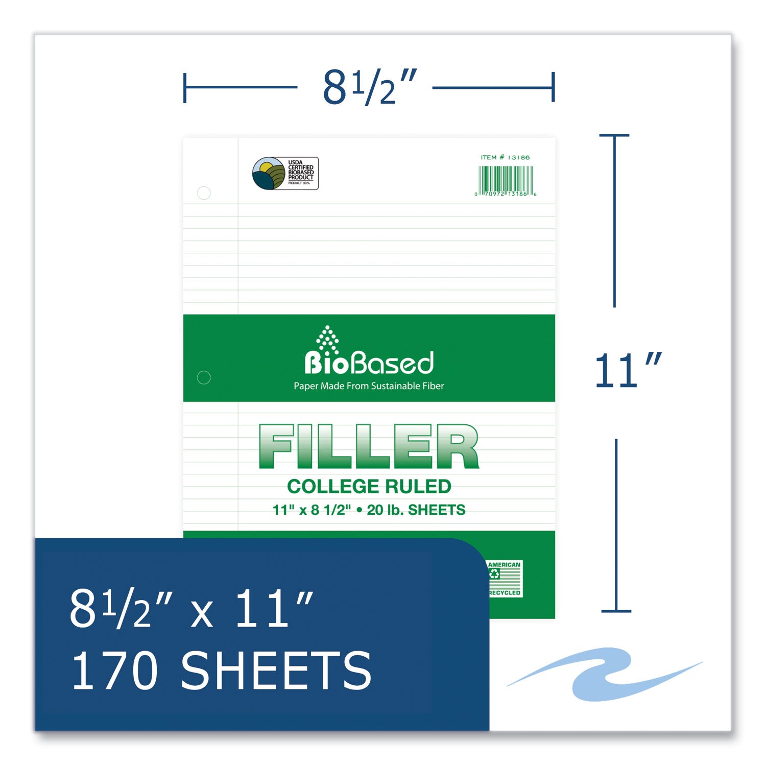 Roaring Spring BioBased Filler Paper, 170 Sheets, 340 Pages, Spiral Bound, College Ruled, 3-Hole Punched, 11" x 8.5", White, 24/Carton
