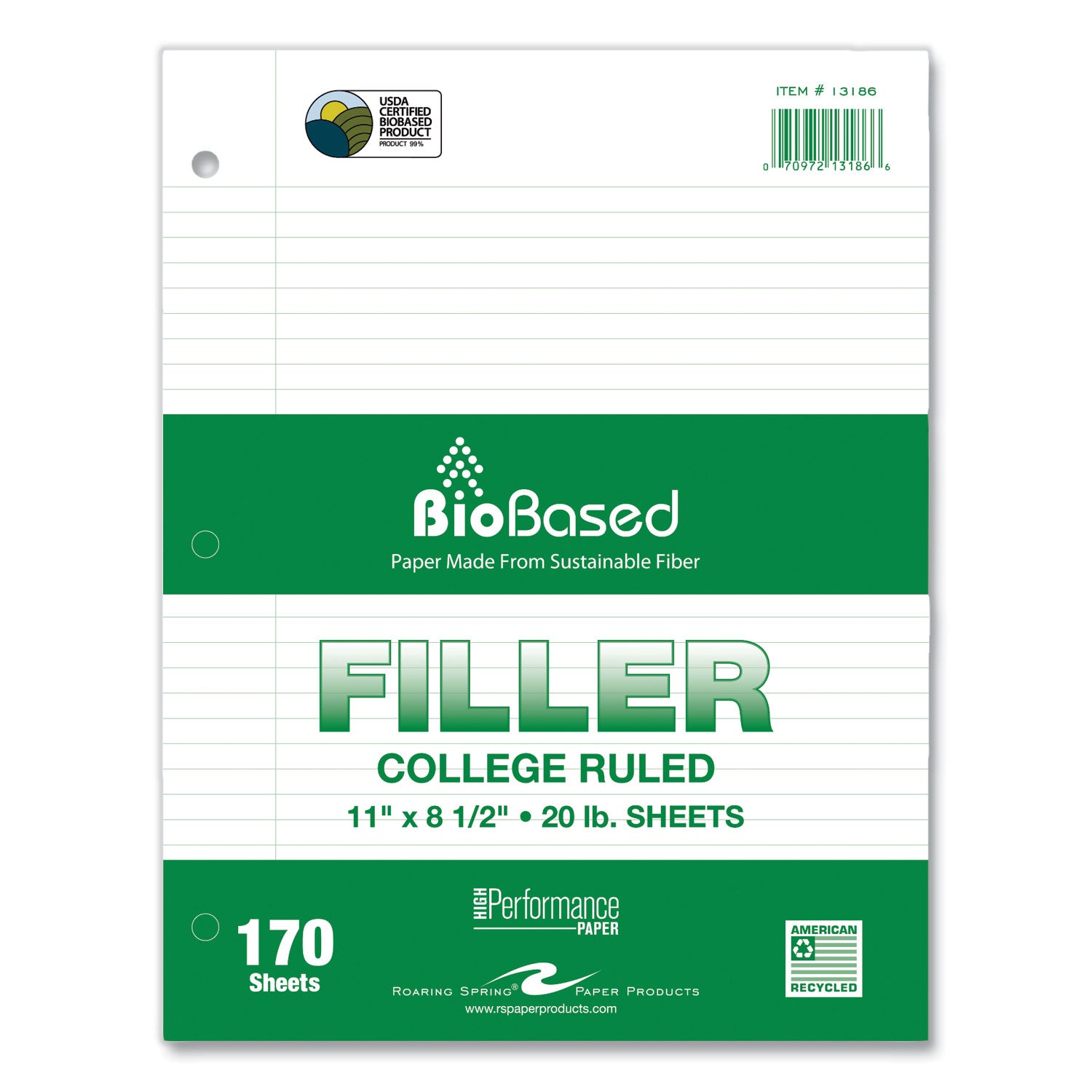 Roaring Spring BioBased Filler Paper, 170 Sheets, 340 Pages, Spiral Bound, College Ruled, 3-Hole Punched, 11" x 8.5", White, 24/Carton