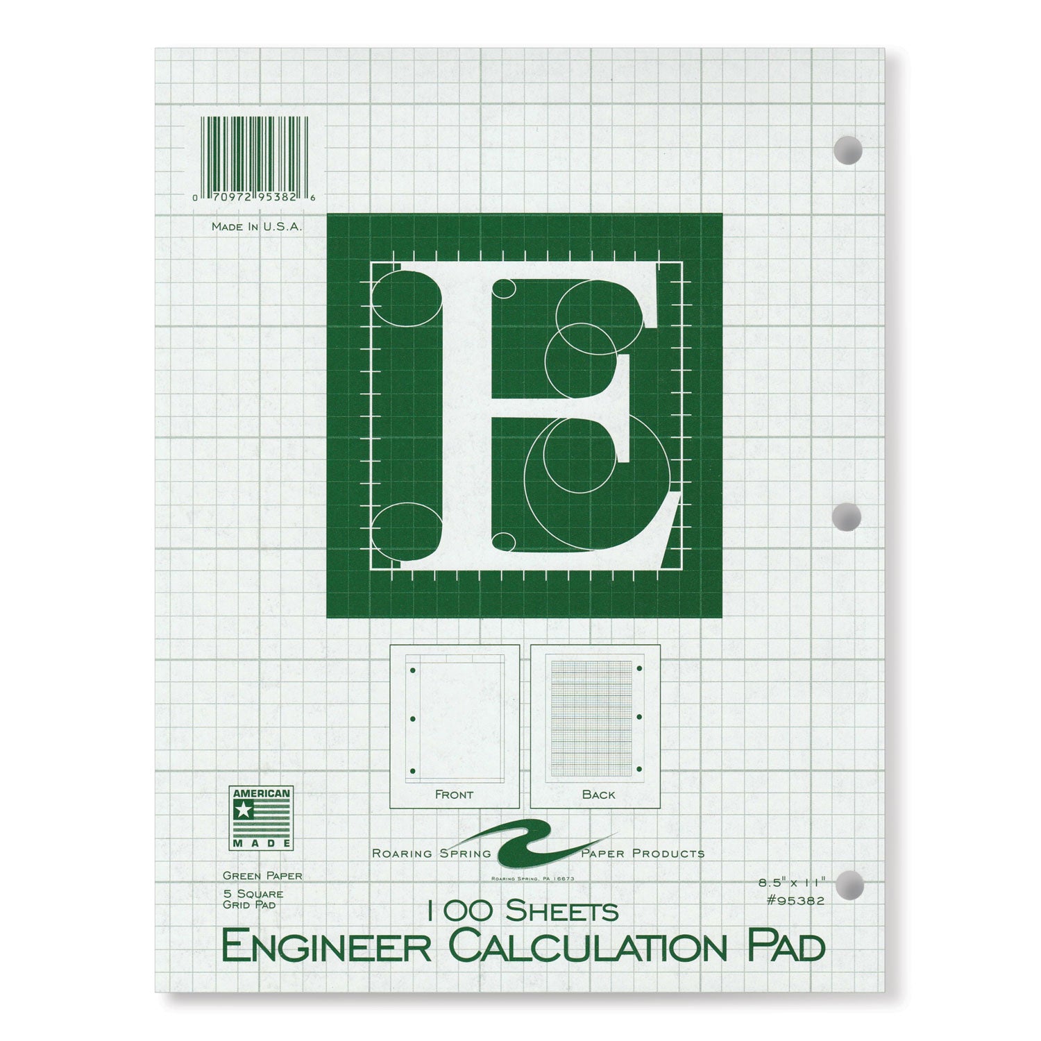 Roaring Spring 5x5 Grid Engineering Pad, 11" x 8.5", Green, 100 Sheets, 200 Pages, 3-Hole Punched, Glued Top, Chipboard Cover, 24 Pads per Carton