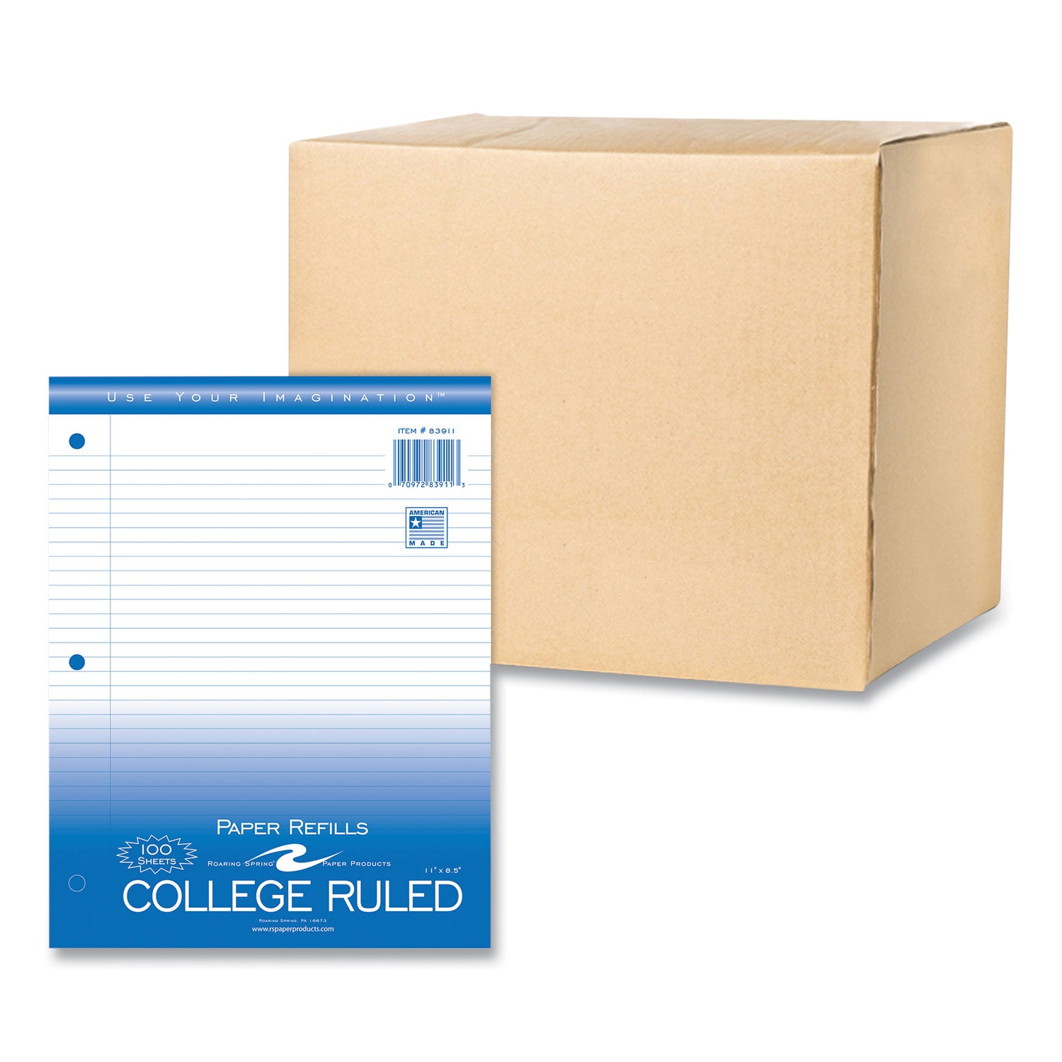 Roaring Spring College Ruled Filler Paper, 100 Sheets per Pack, 200 Pages, 3-Hole Punched, White, 11" x 8.5", Red Margin, 48 Packs per Carton