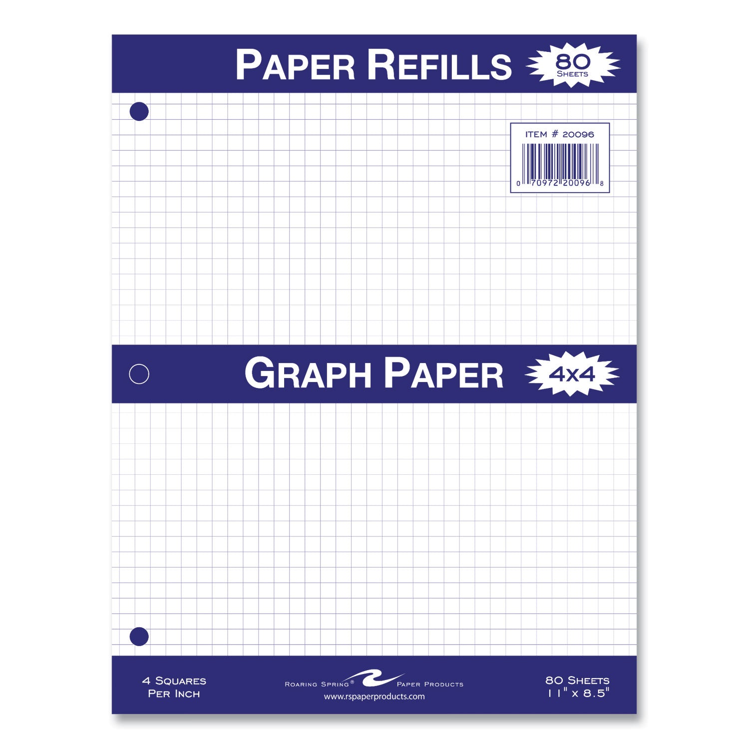 Roaring Spring Graph Filler Paper, 80 Sheets, 160 Pages, 3-Hole Punched, 11" x 8.5", White, 1 Carton