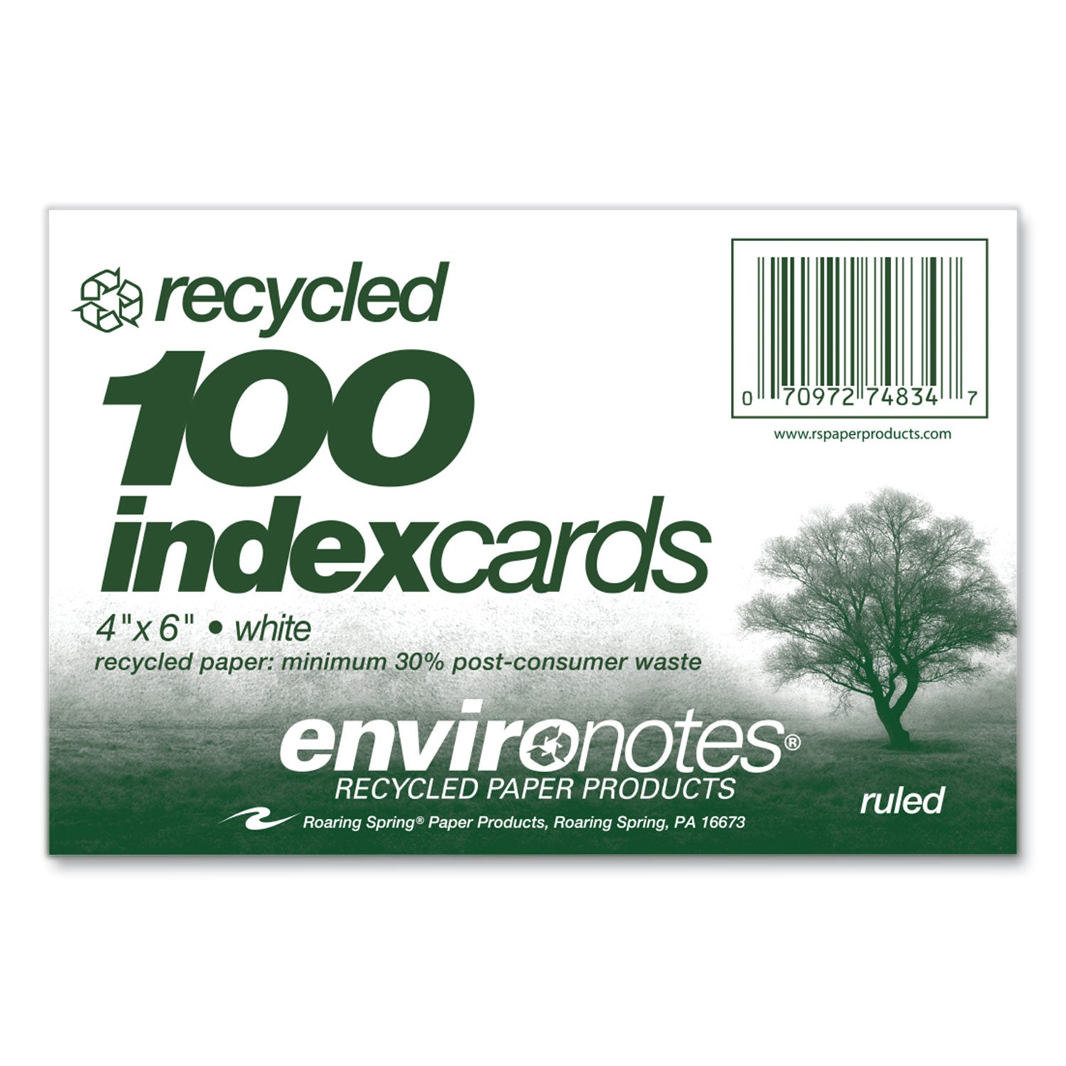 Roaring Spring EnviroNotes Index Cards, 6" x 4", White, Printed Front, Narrow Ruled, 100 Sheets per Pack, 36 Packs per Carton, Recycled Paper
